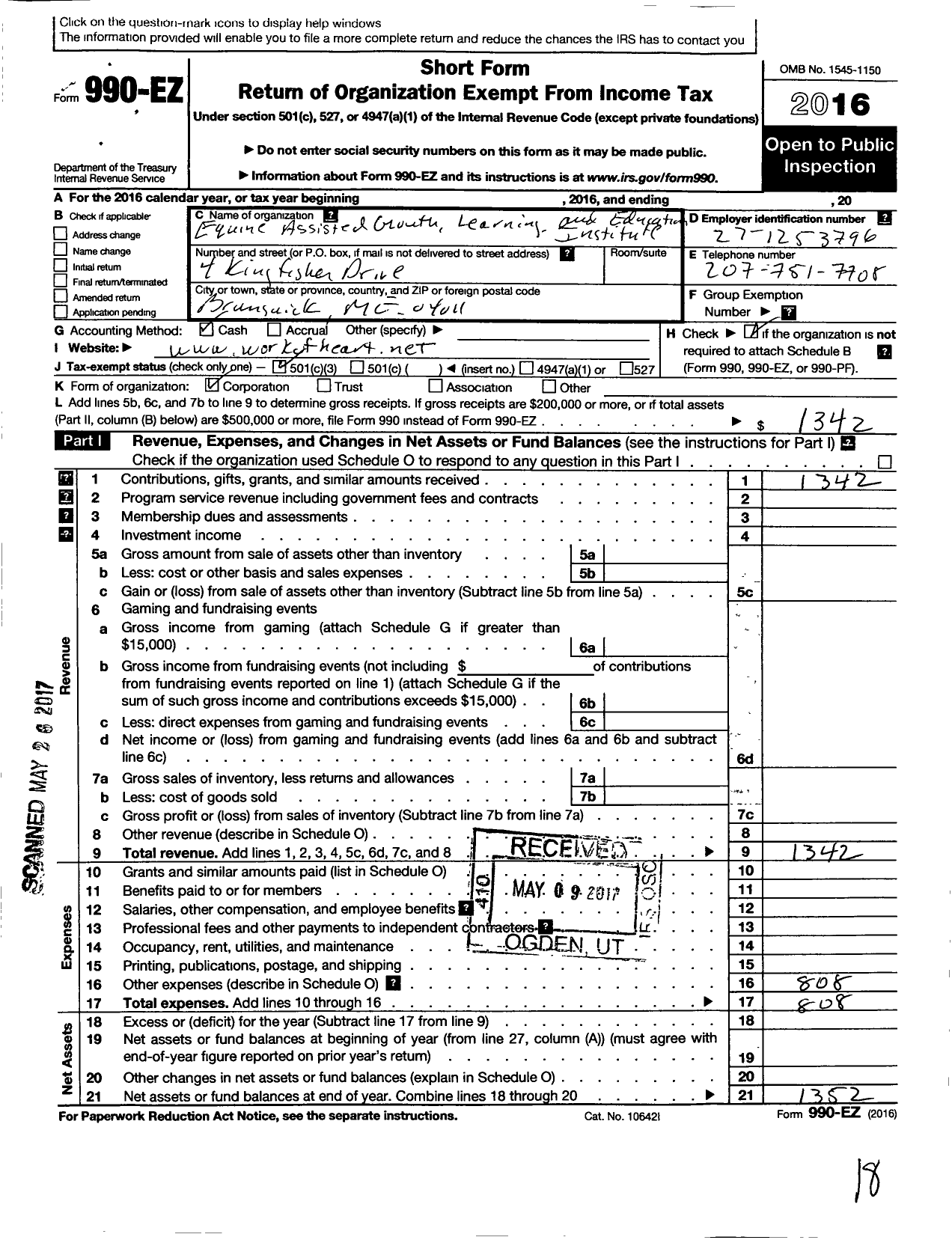 Image of first page of 2016 Form 990EZ for Equine Assisted Growth Learning and Education Institute