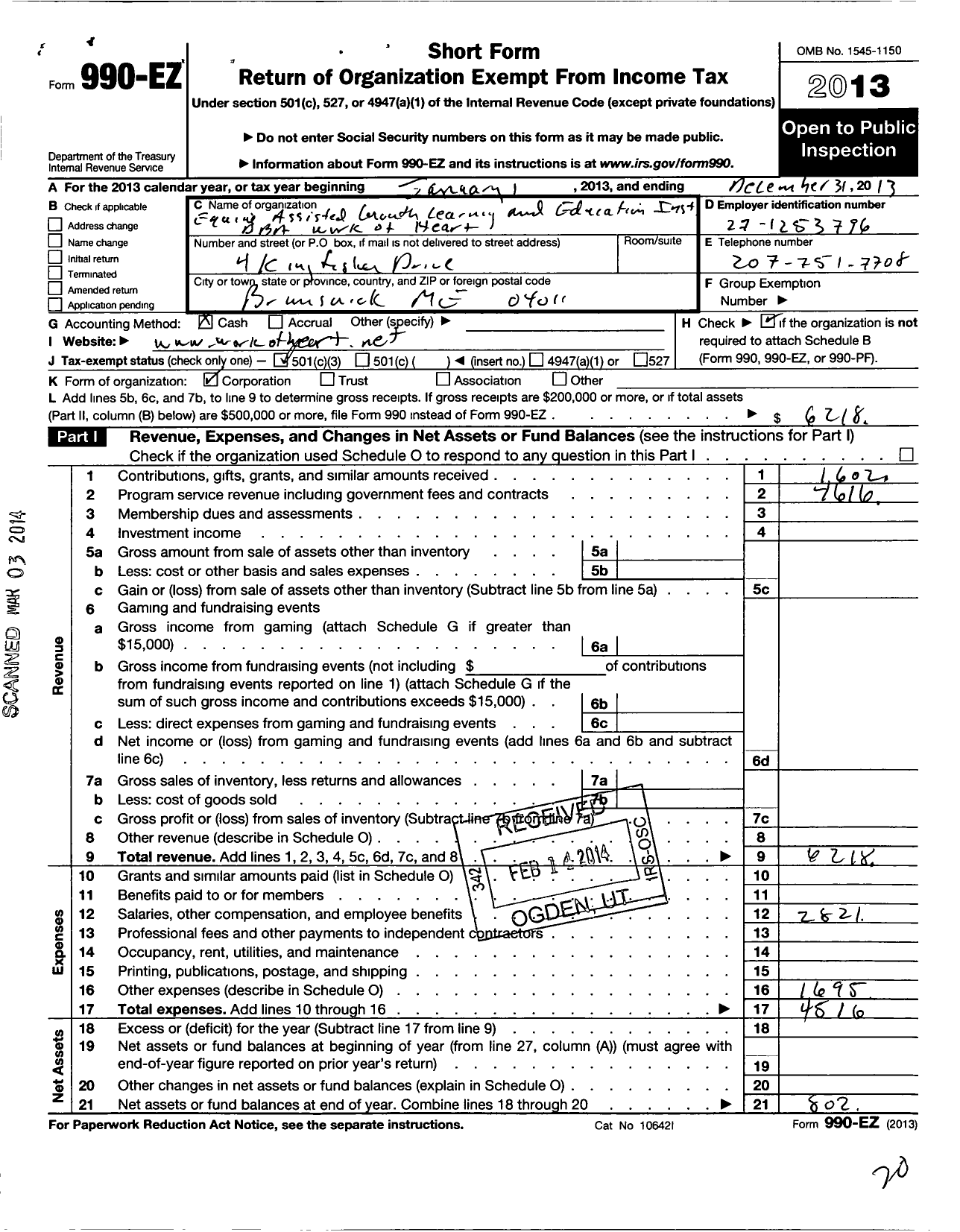 Image of first page of 2013 Form 990EZ for Equine Assisted Growth Learning and Education Institute