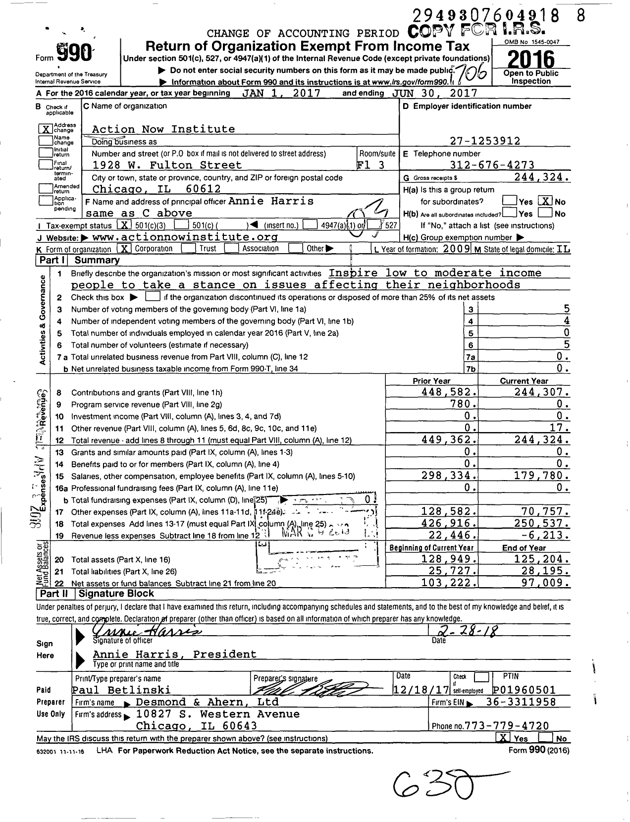 Image of first page of 2016 Form 990 for Action Now Institute