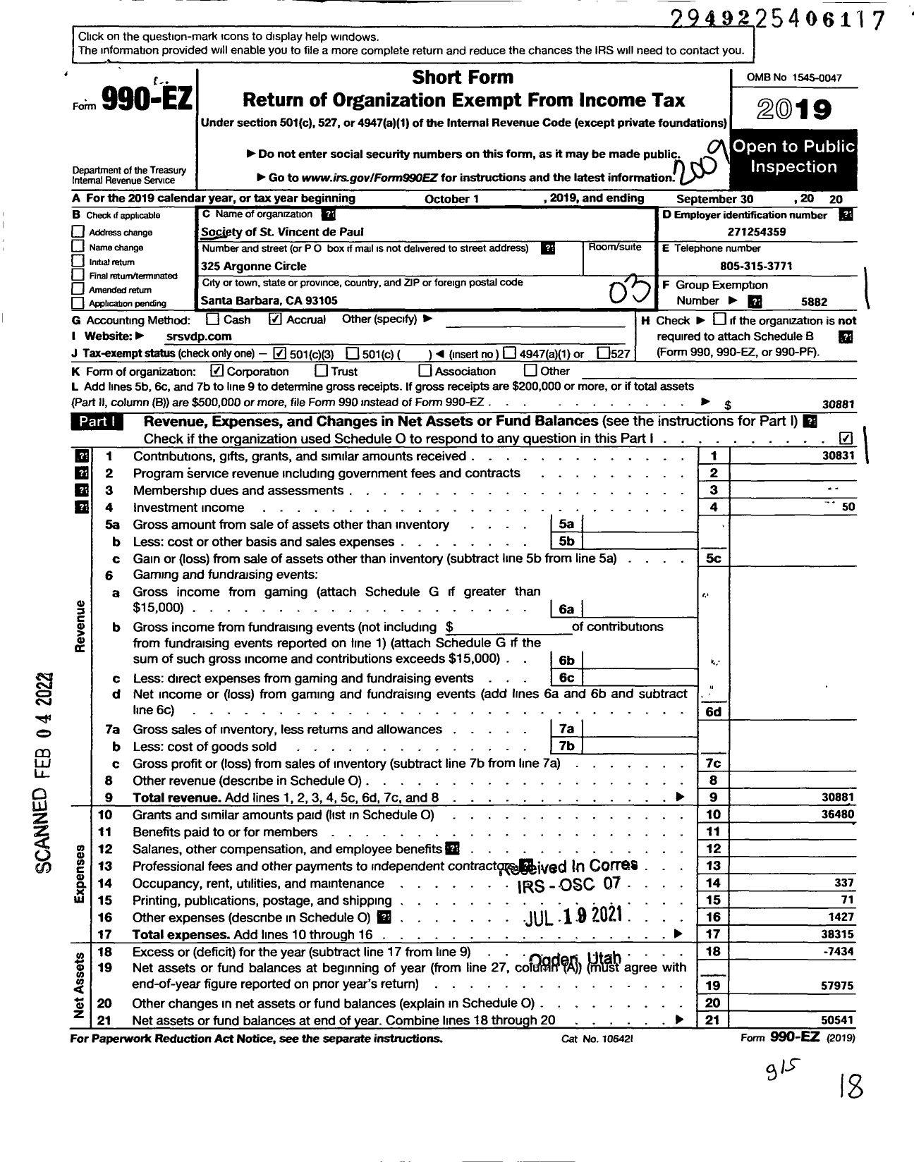 Image of first page of 2019 Form 990EZ for Society of Saint Vincent de Paul Council of Los Angeles / San Roque Conference