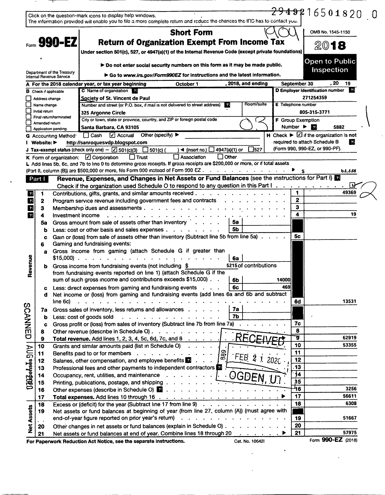 Image of first page of 2018 Form 990EZ for Society of Saint Vincent de Paul Council of Los Angeles / San Roque Conference