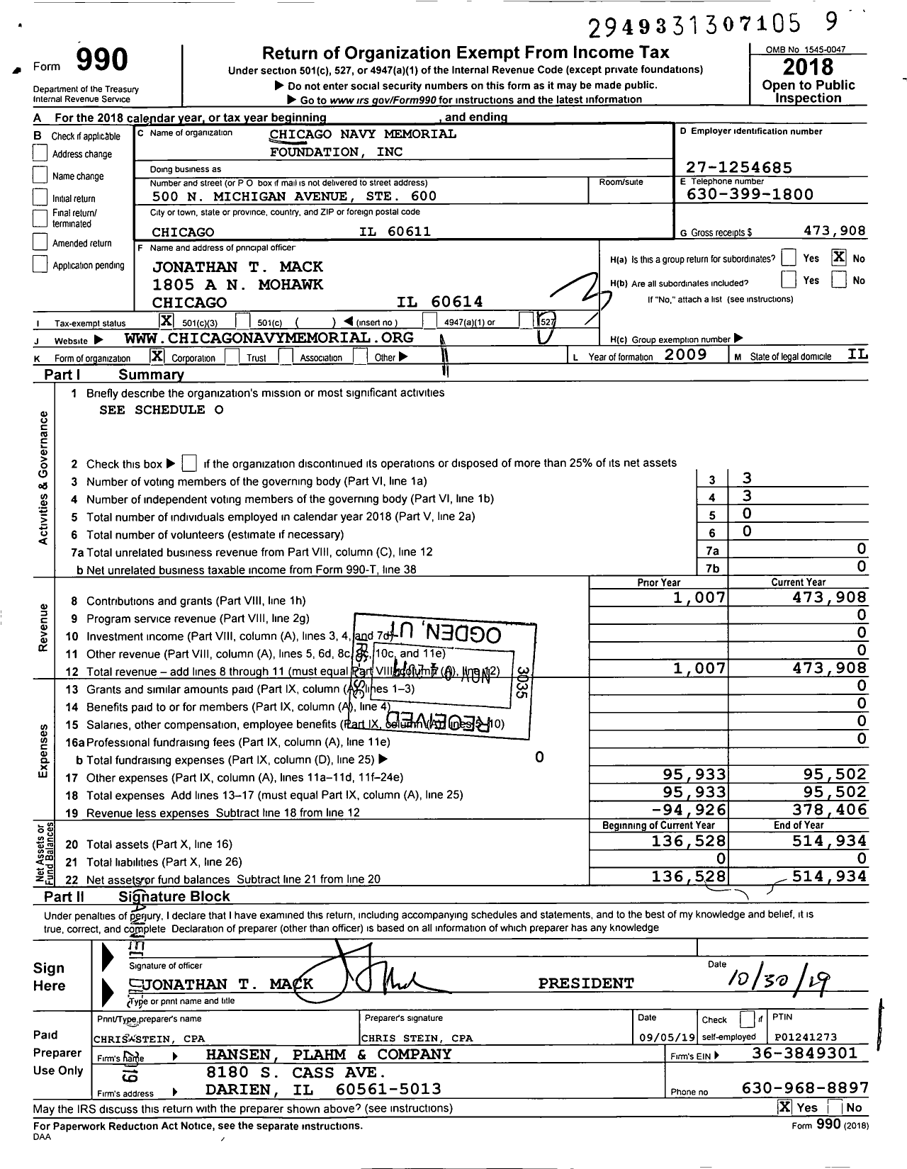 Image of first page of 2018 Form 990 for Chicago Navy Memorial Foundation