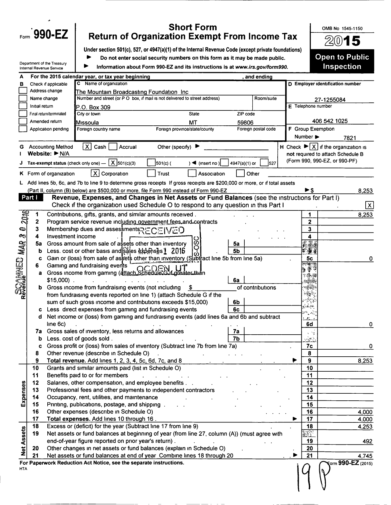 Image of first page of 2015 Form 990EZ for Mountain Broadcasting Foundation