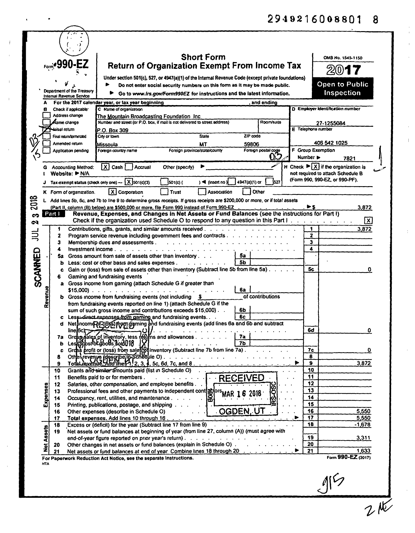 Image of first page of 2017 Form 990EZ for Mountain Broadcasting Foundation