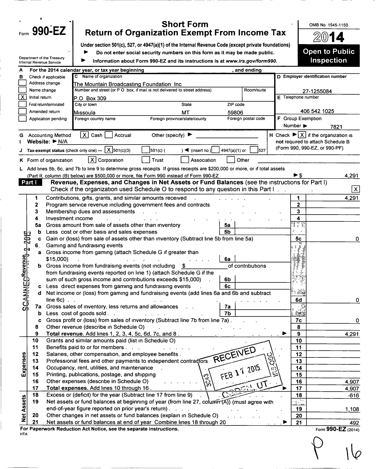 Image of first page of 2014 Form 990EZ for Mountain Broadcasting Foundation