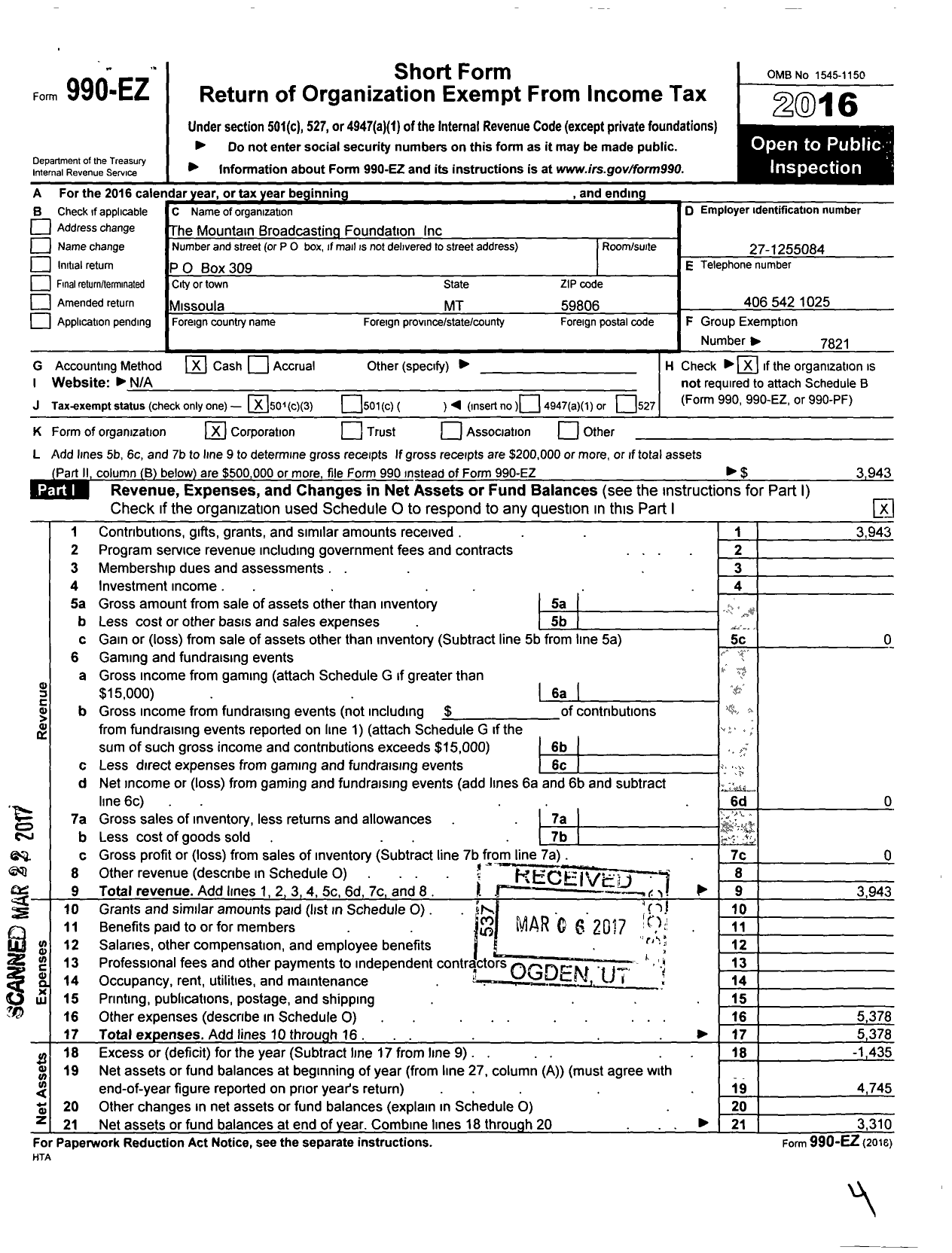 Image of first page of 2016 Form 990EZ for Mountain Broadcasting Foundation