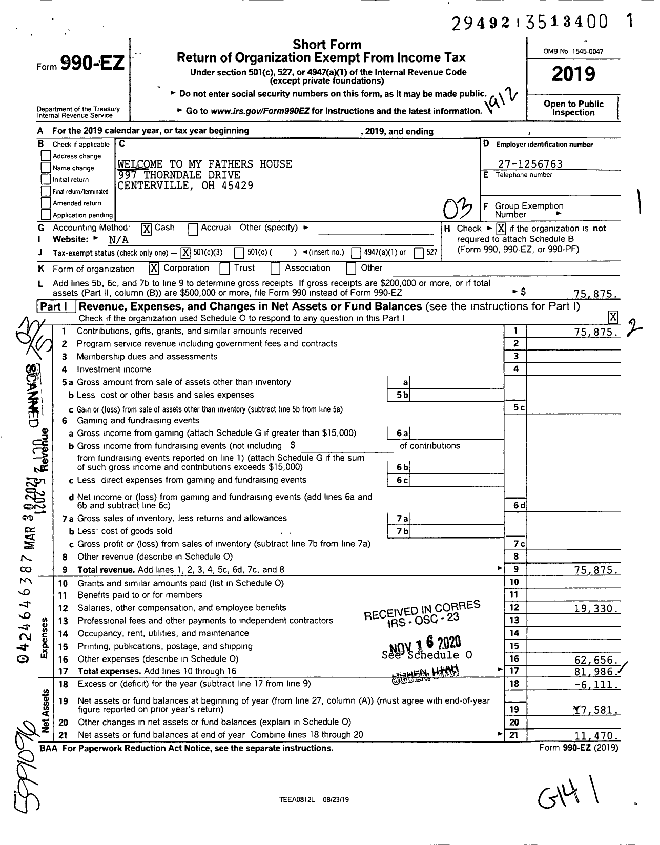 Image of first page of 2019 Form 990EZ for Welcome To My Fathers House