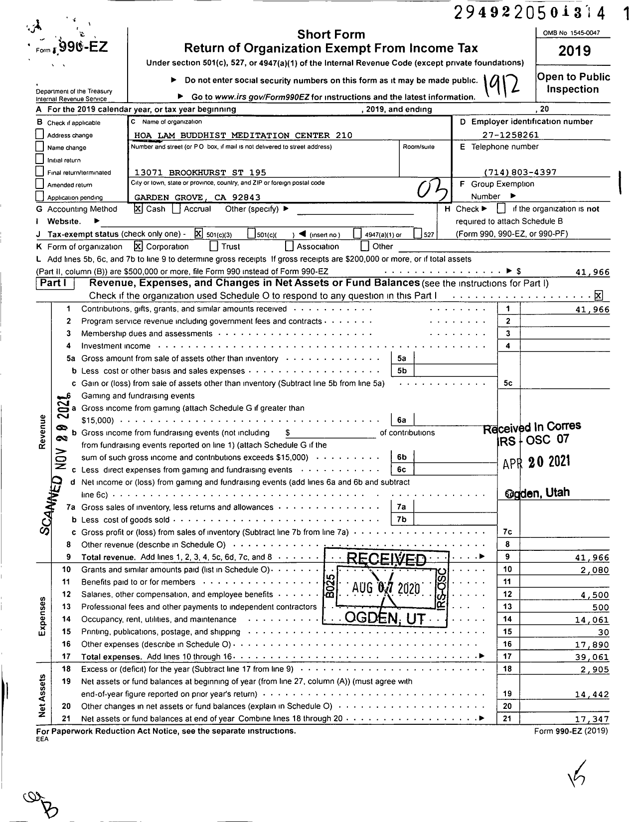 Image of first page of 2019 Form 990EZ for Hoa Lam Buddhist Meditation Center