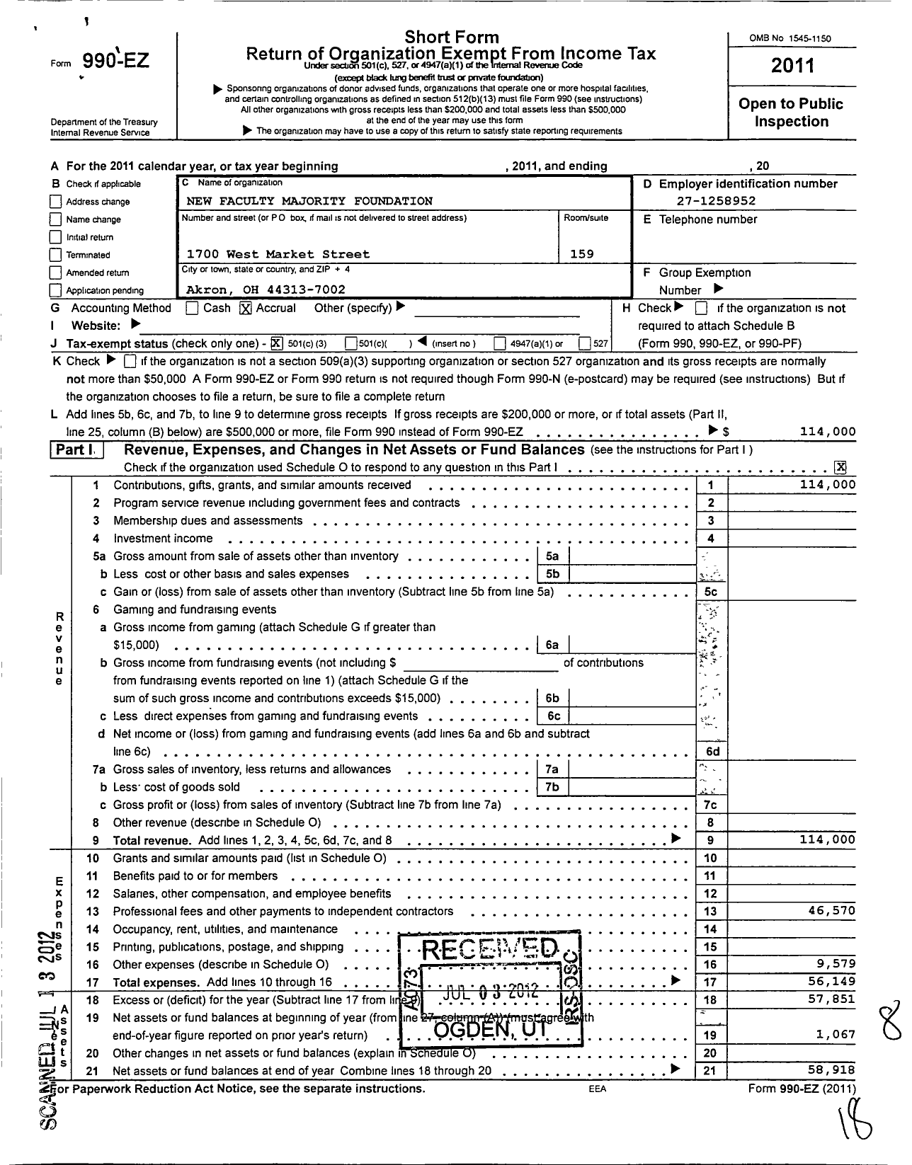 Image of first page of 2011 Form 990EZ for New Faculty Majority Foundation