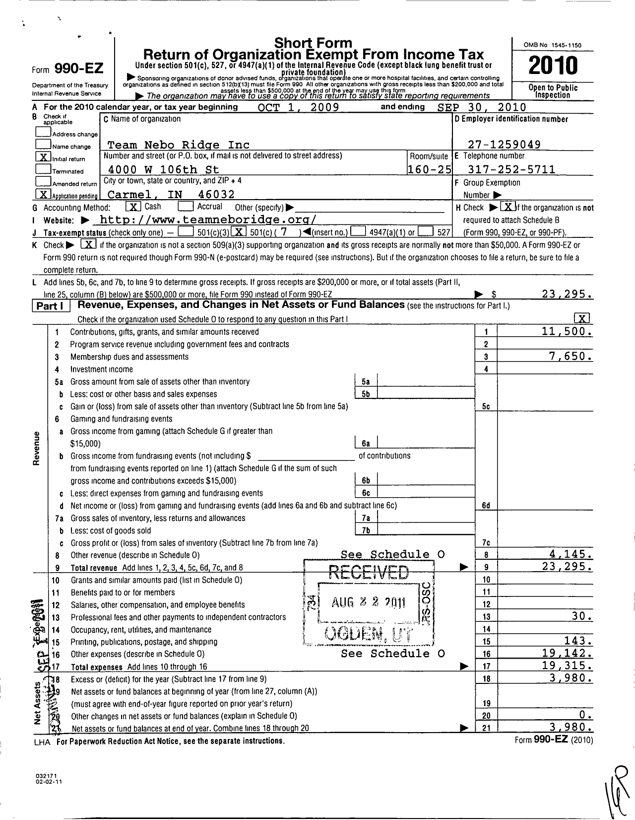 Image of first page of 2009 Form 990EO for Team Nebo Ridge