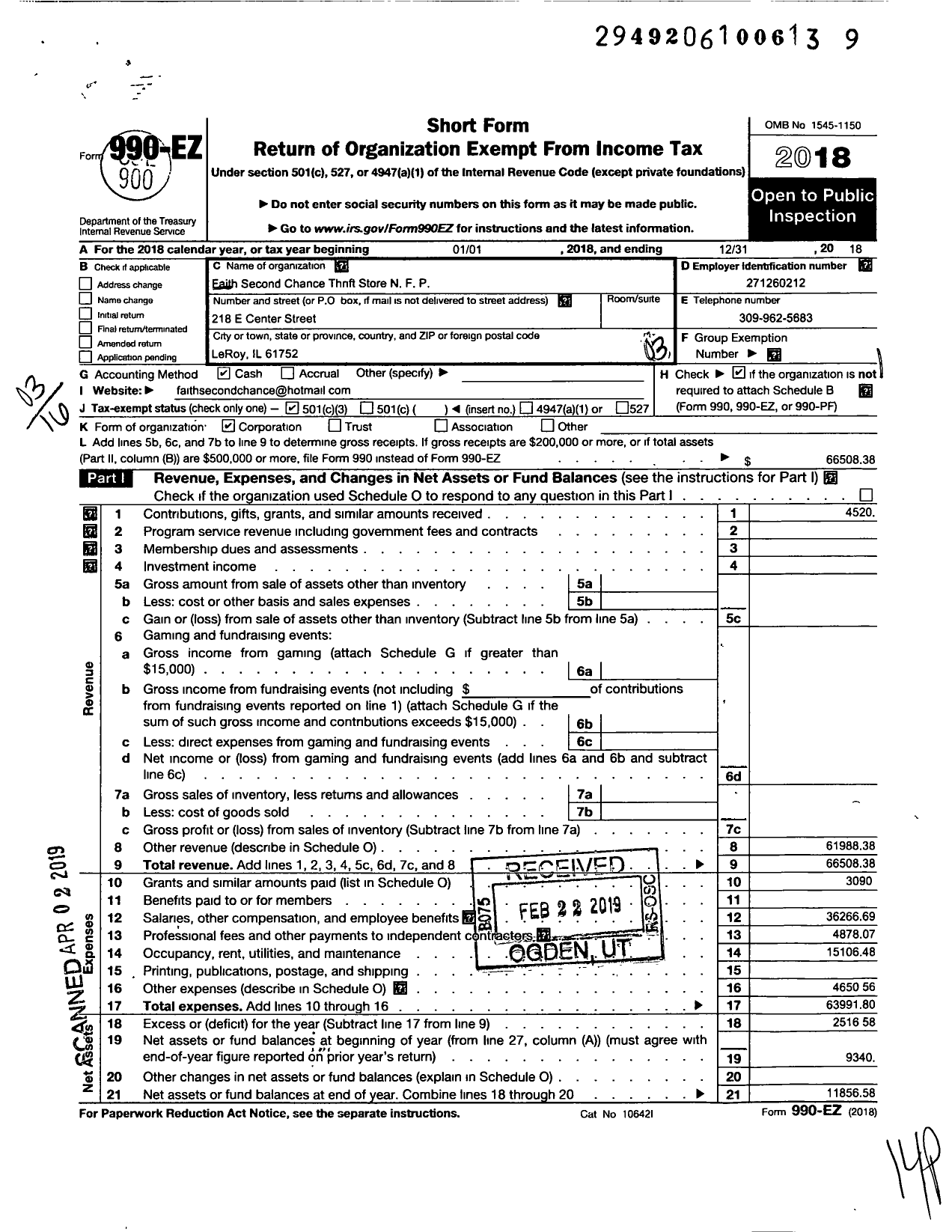 Image of first page of 2018 Form 990EZ for Faith Second Chance Thrift Store NFP