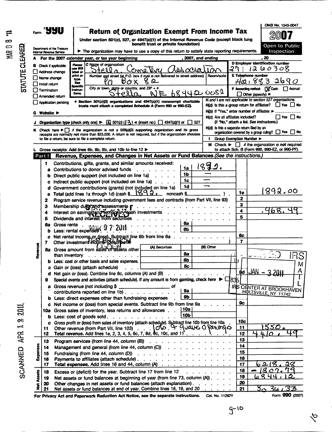 Image of first page of 2007 Form 990O for Stella Cemetery Association