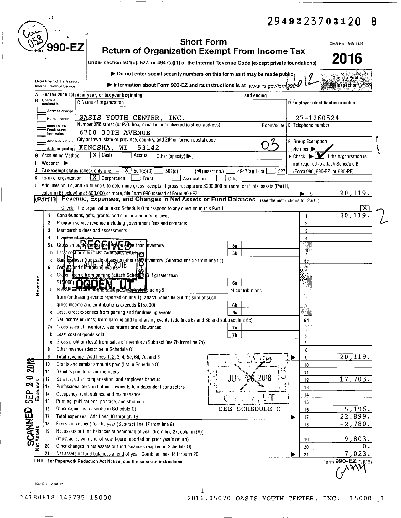 Image of first page of 2016 Form 990EZ for Oasis Youth Center