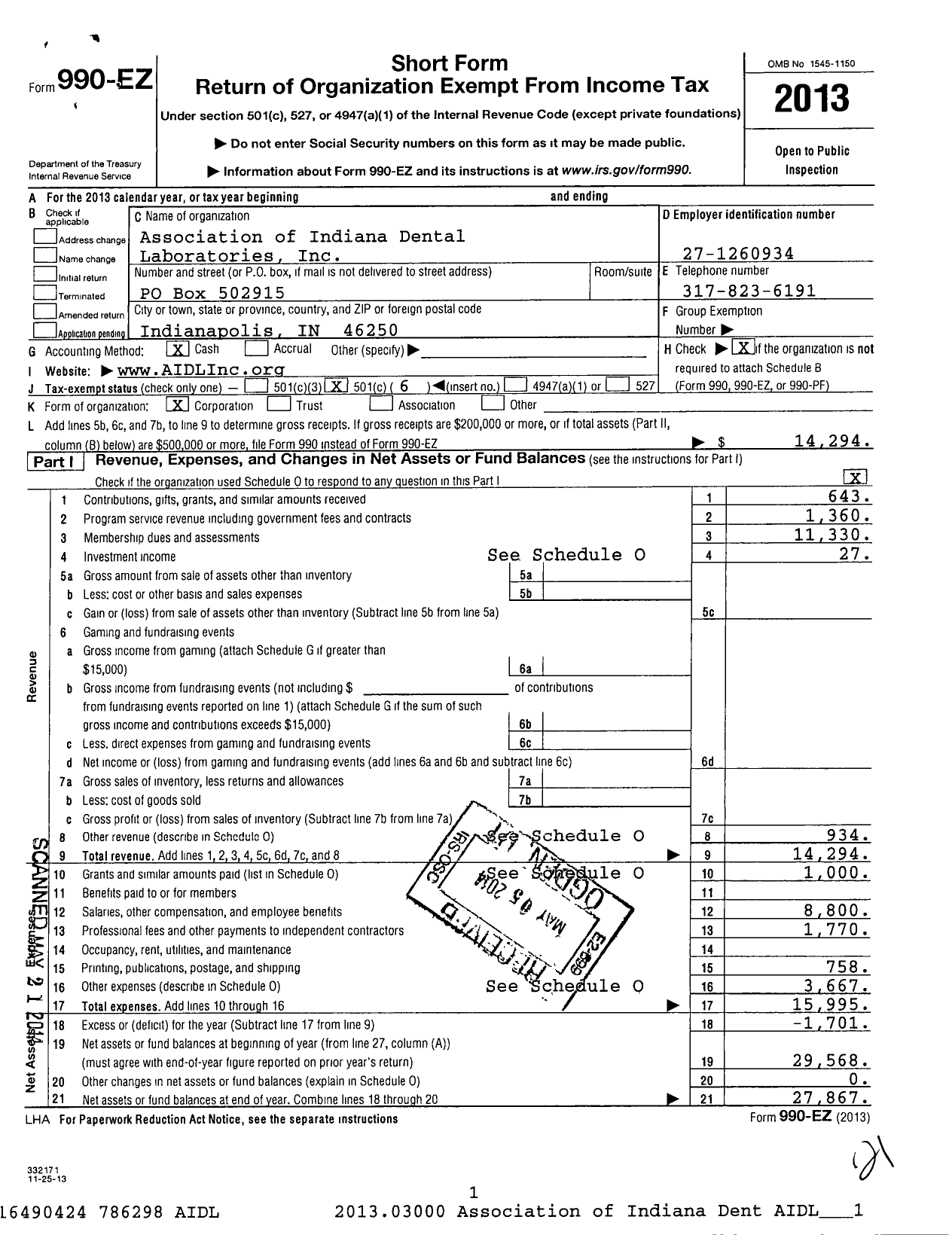 Image of first page of 2013 Form 990EO for Association of Indiana Dental Laboratories Incorporated