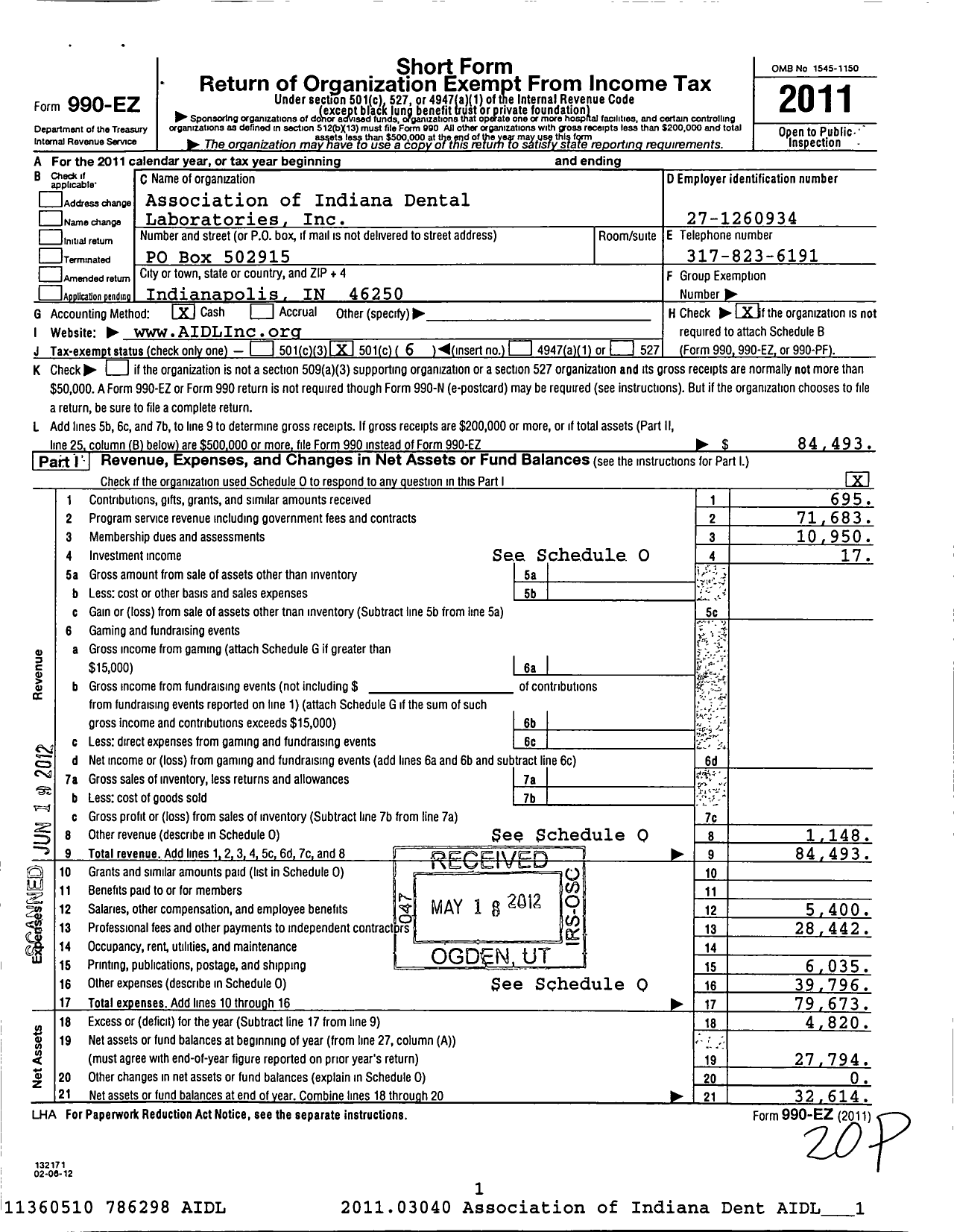 Image of first page of 2011 Form 990EO for Association of Indiana Dental Laboratories Incorporated
