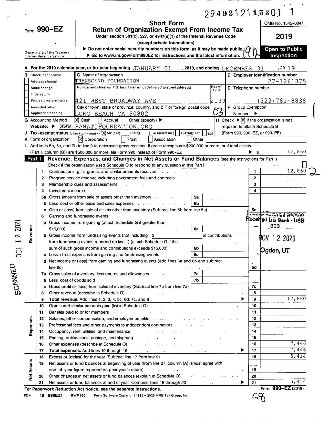 Image of first page of 2019 Form 990EZ for Bahati Foundation