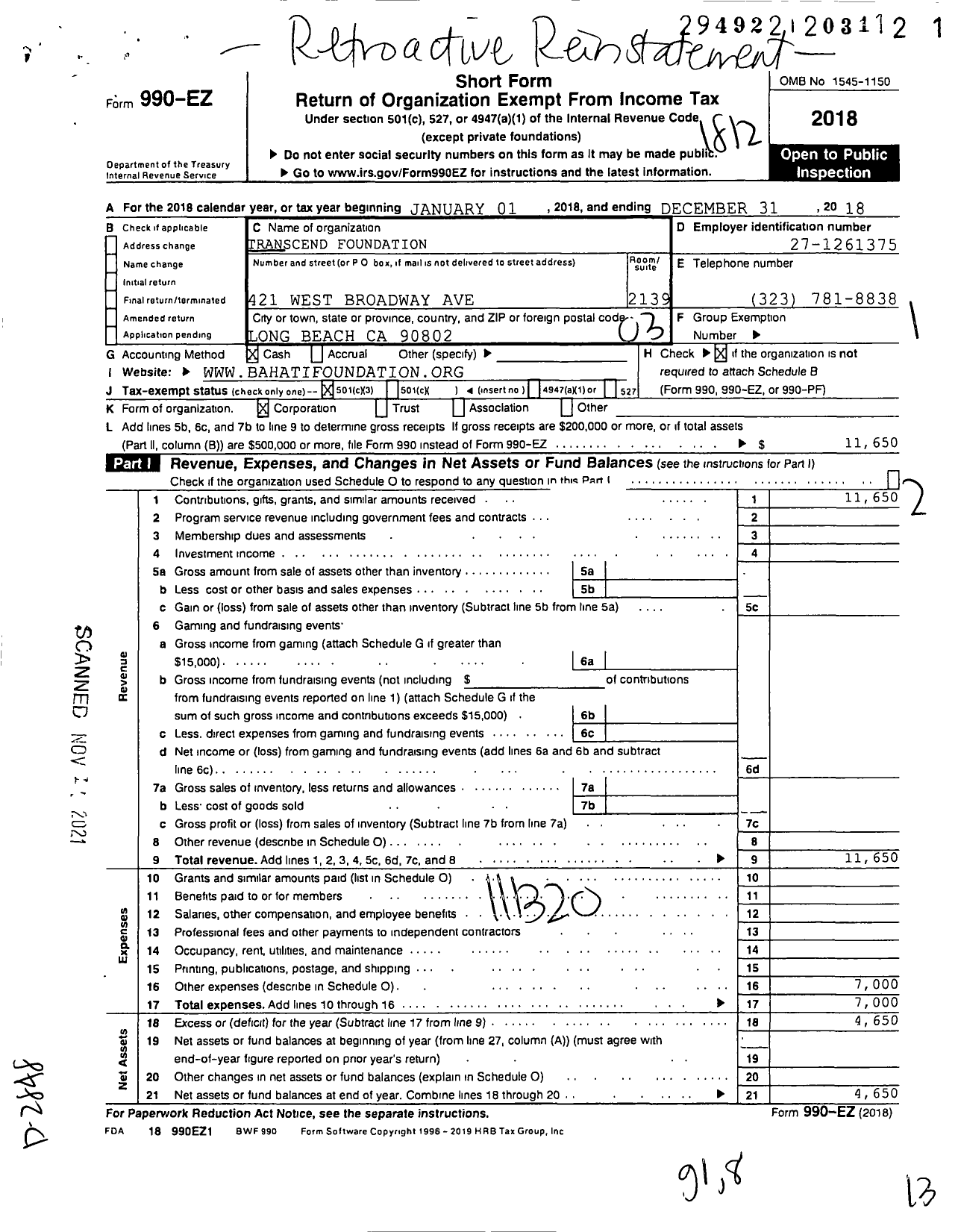 Image of first page of 2018 Form 990EZ for Bahati Foundation