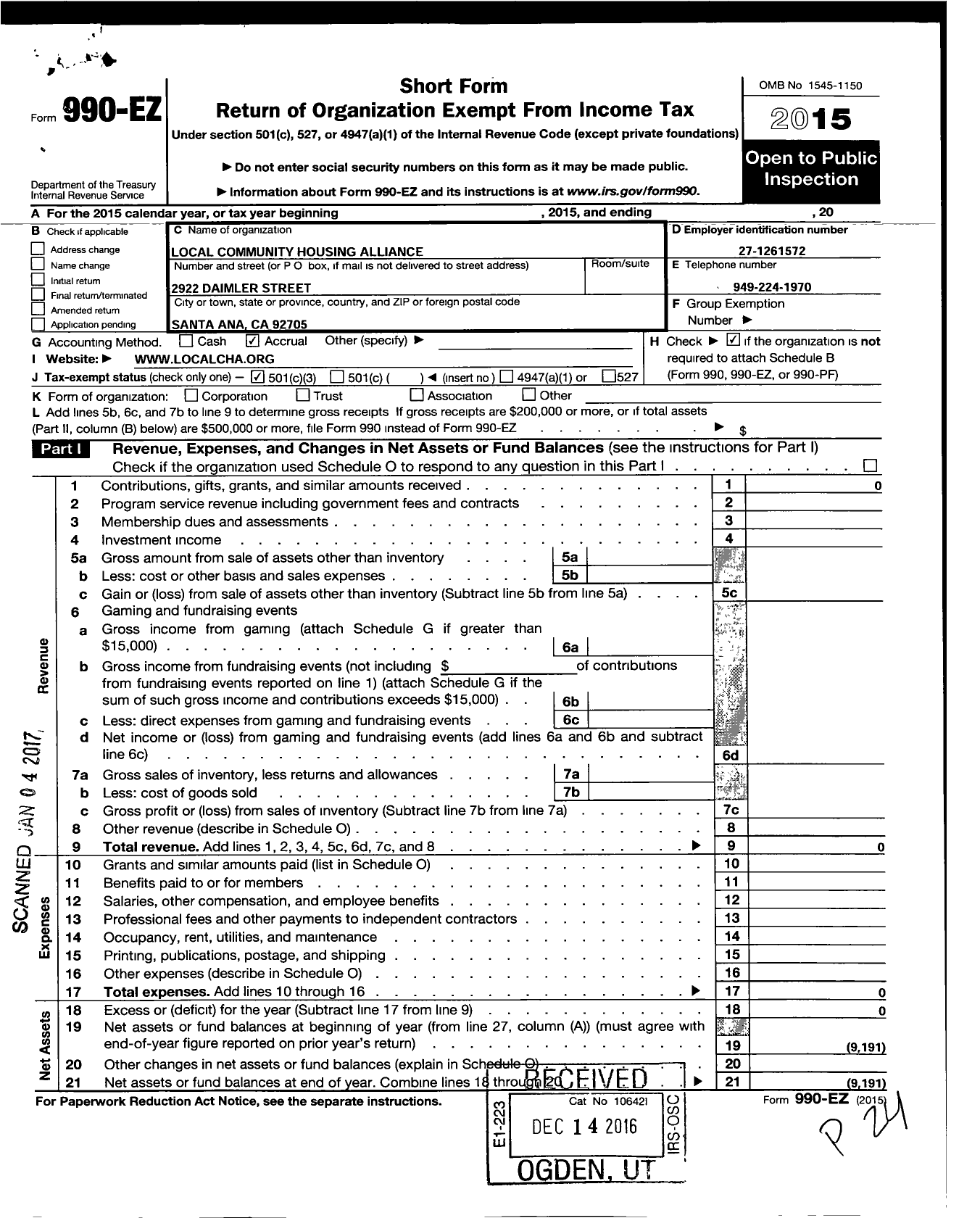 Image of first page of 2015 Form 990EZ for Local Community Housing Alliance