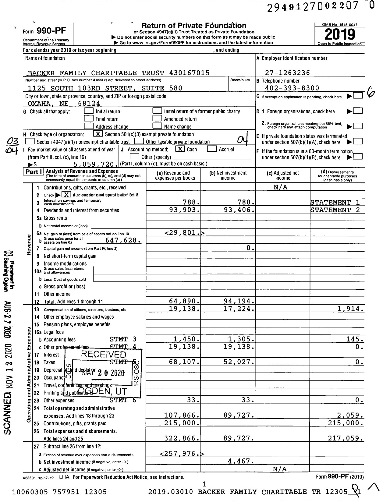 Image of first page of 2019 Form 990PF for Backer Family Charitable Trust