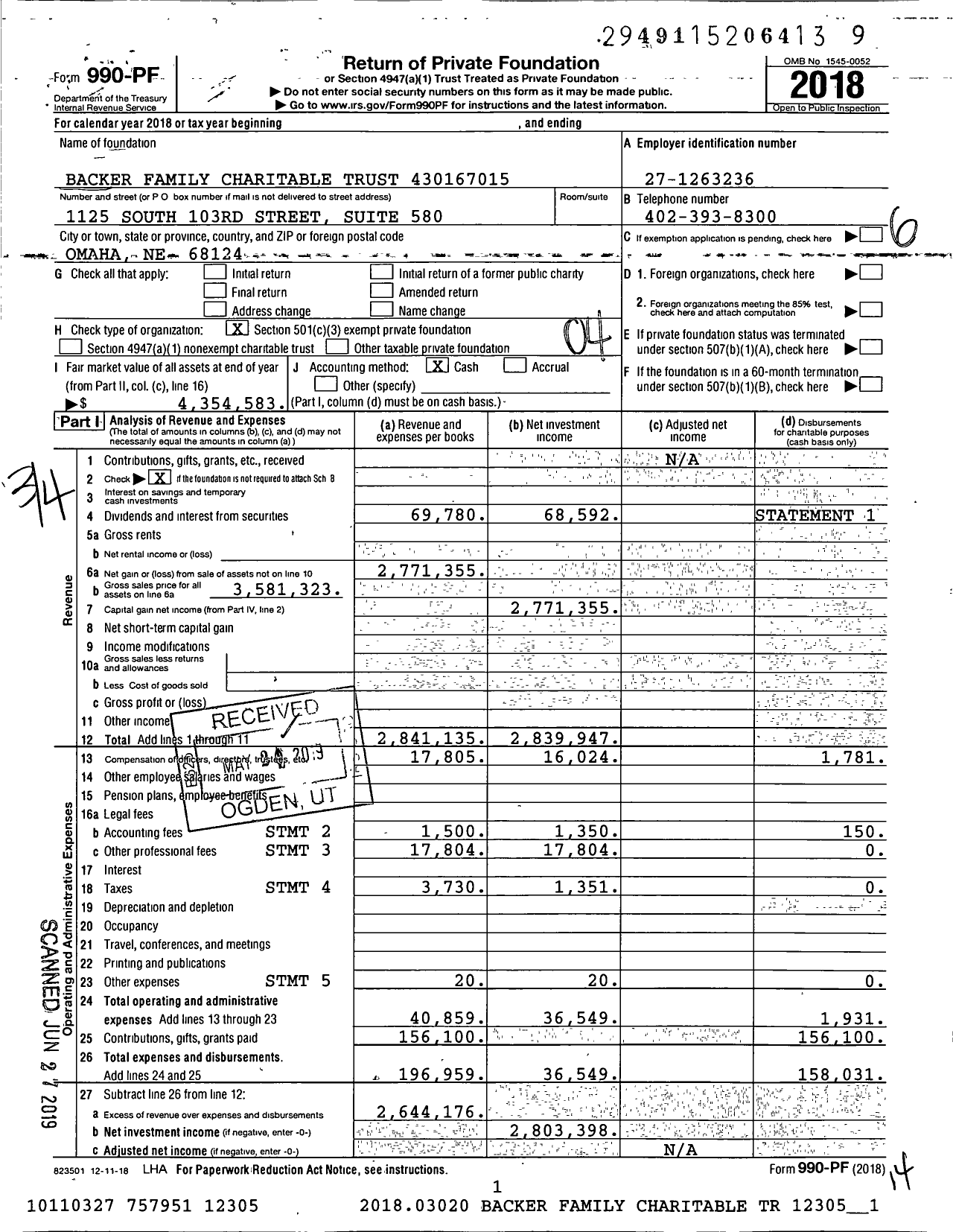 Image of first page of 2018 Form 990PF for Backer Family Charitable Trust