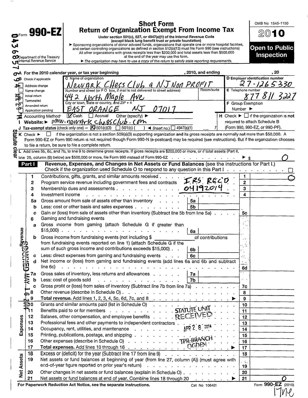 Image of first page of 2010 Form 990EZ for Newark Chess Club A New Jersey Nonprofit Corporation