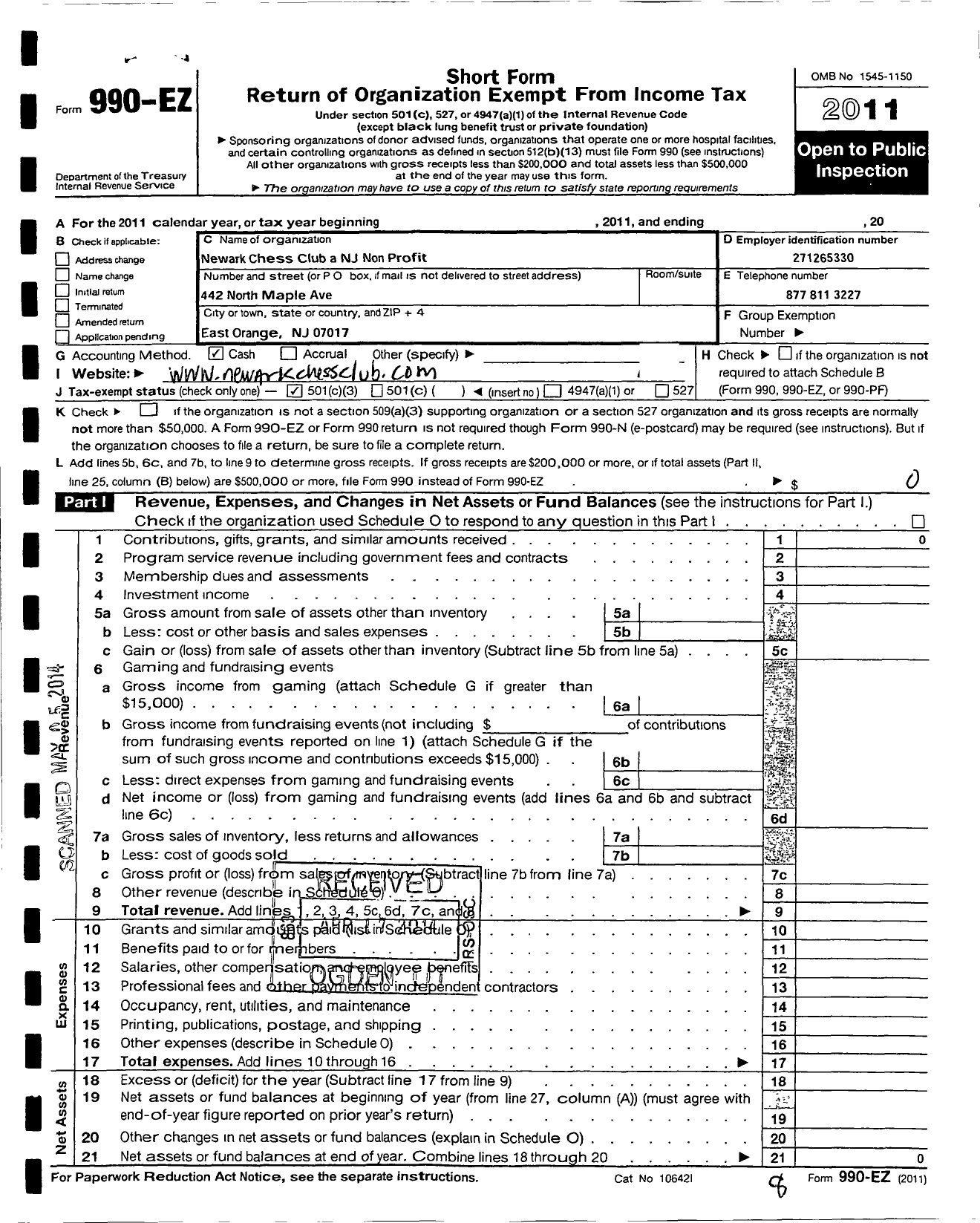 Image of first page of 2011 Form 990EZ for Newark Chess Club A New Jersey Nonprofit Corporation