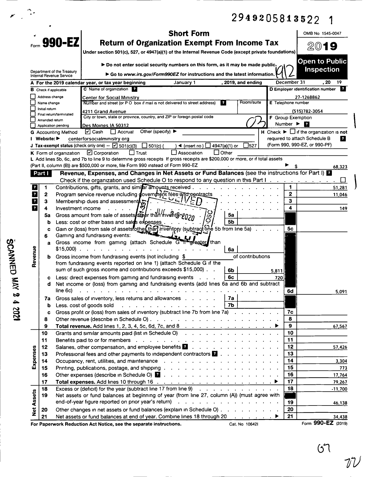 Image of first page of 2019 Form 990EZ for Center for Social Ministry