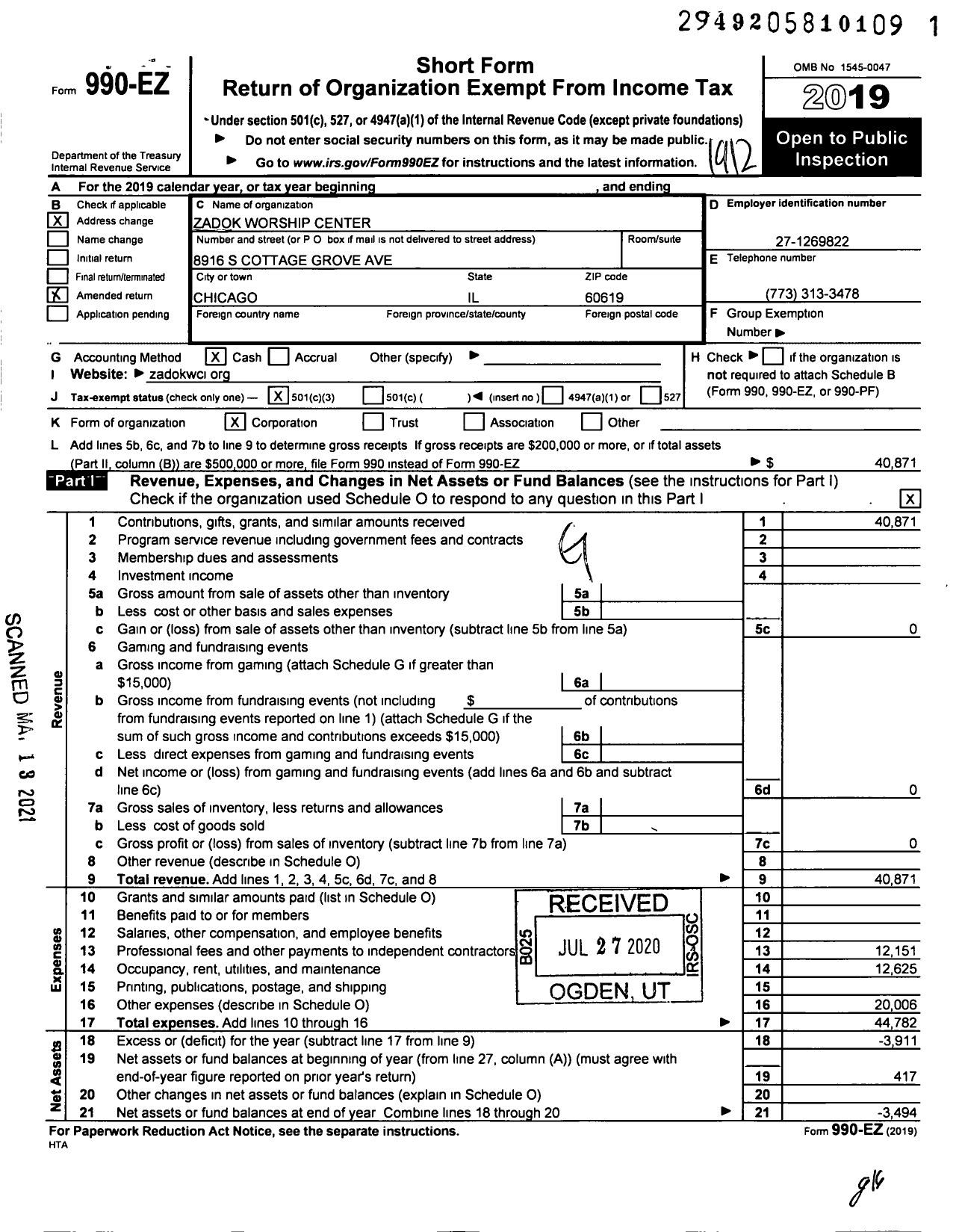 Image of first page of 2019 Form 990EZ for Zadok Worship Center