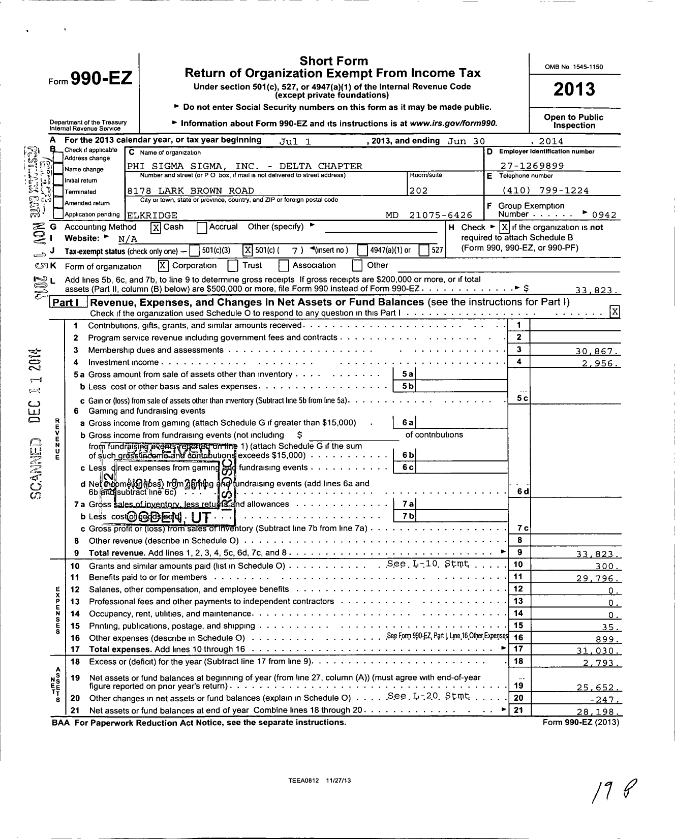 Image of first page of 2013 Form 990EO for Phi Sigma / Delta Chapter