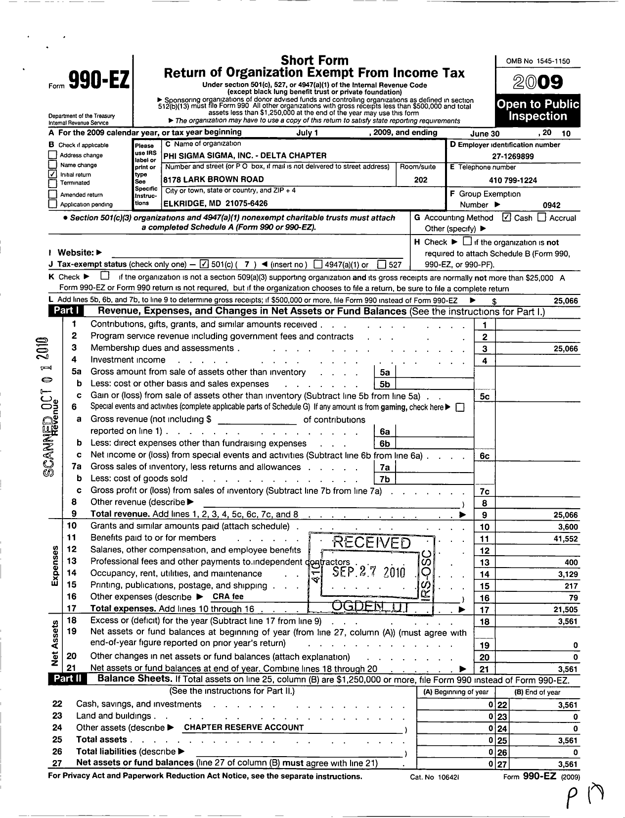 Image of first page of 2009 Form 990EO for Phi Sigma / Delta Chapter