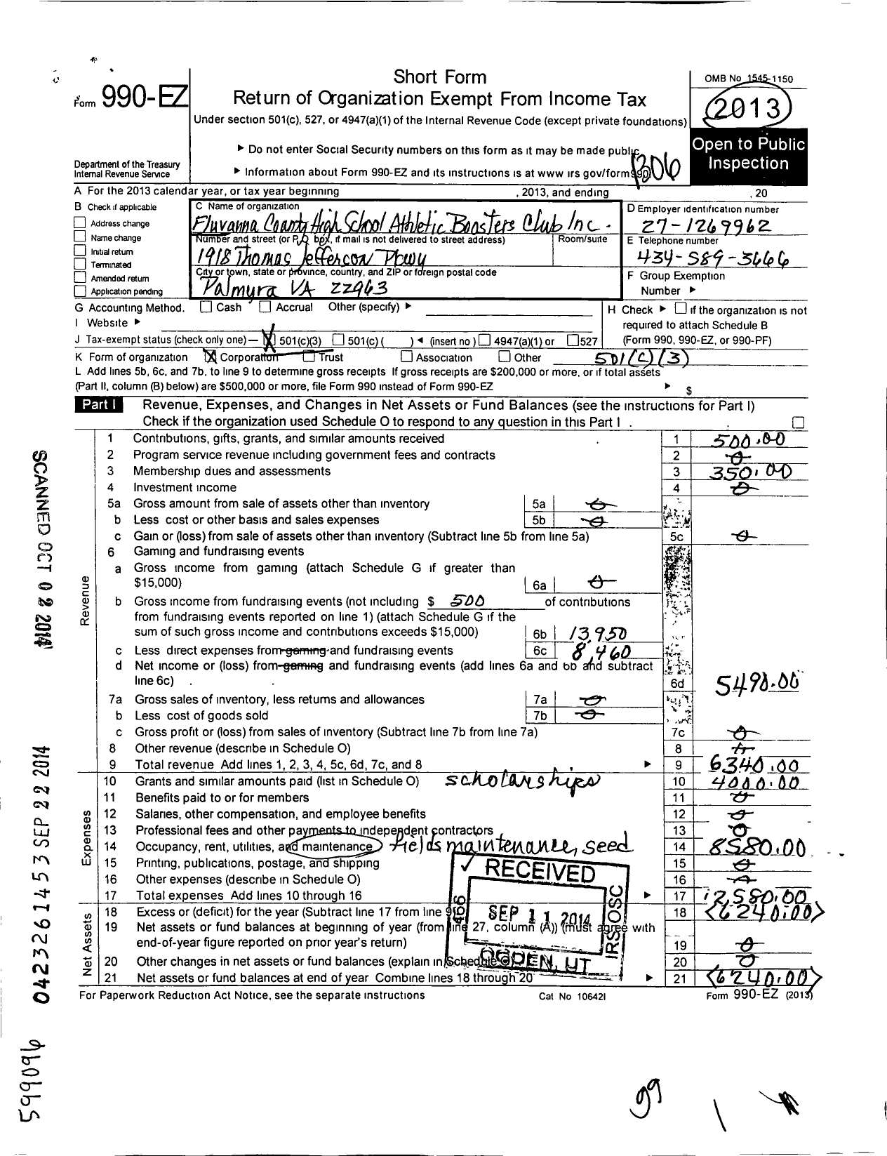 Image of first page of 2012 Form 990EZ for Fluvanna County High School Athletic Boosters Club