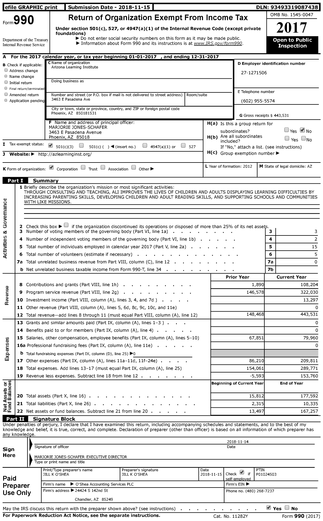 Image of first page of 2017 Form 990 for Arizona Learning Institute