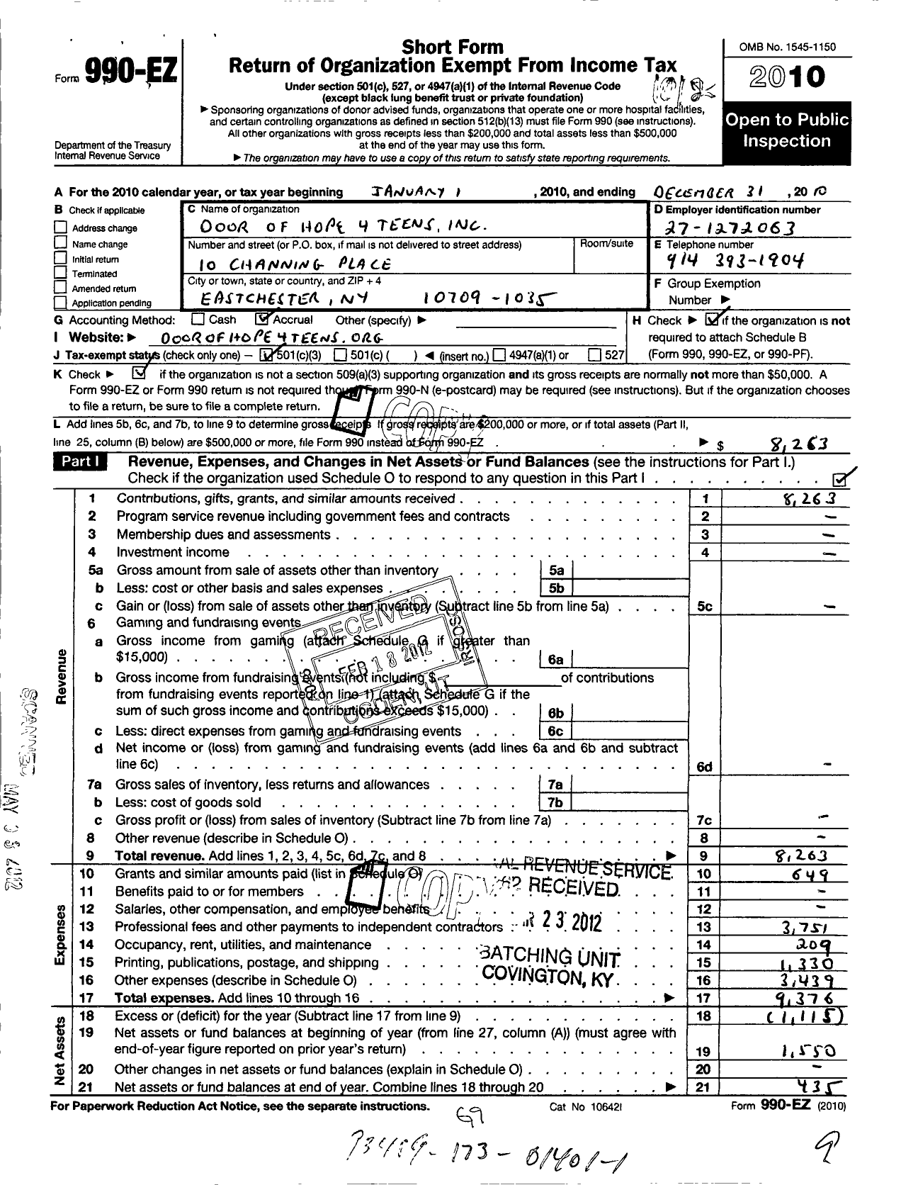 Image of first page of 2010 Form 990EZ for Door of Hope 4 Teens