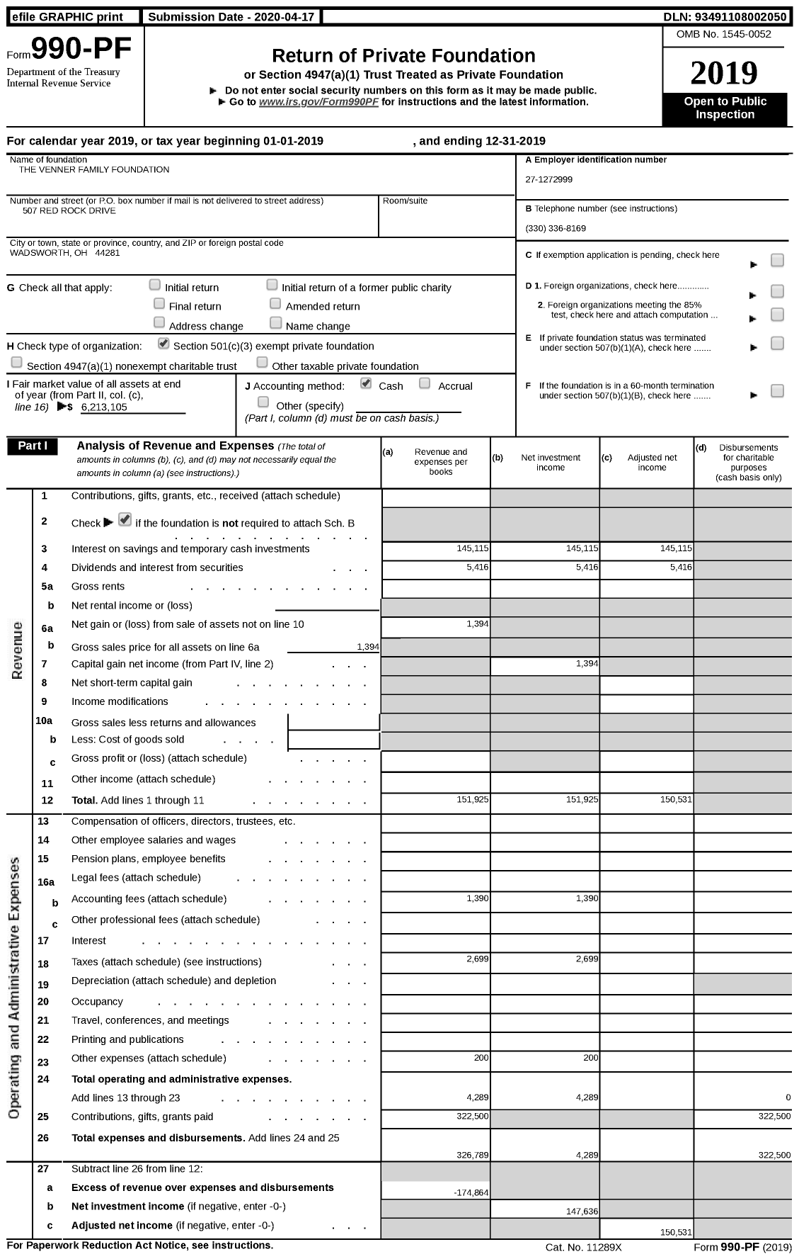 Image of first page of 2019 Form 990PF for The Venner Family Foundation