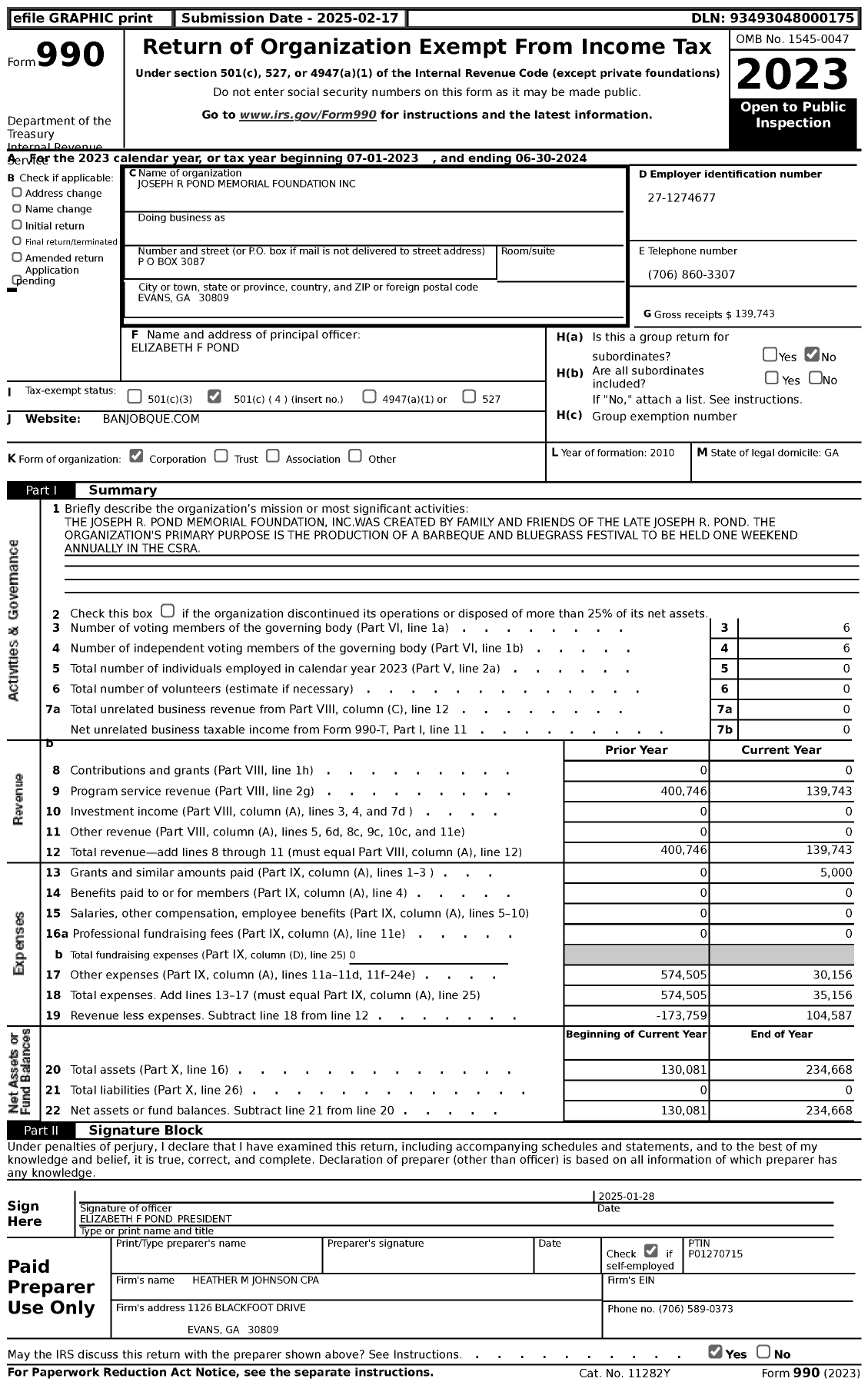 Image of first page of 2023 Form 990 for Joseph R Pond Memorial Foundation