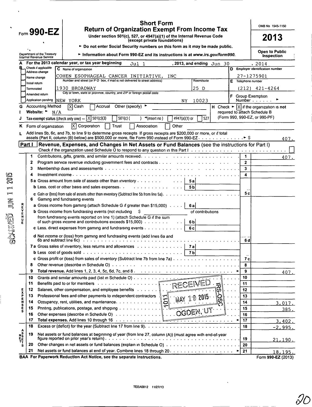 Image of first page of 2013 Form 990EZ for Cohen Esophageal Cancer Initiative