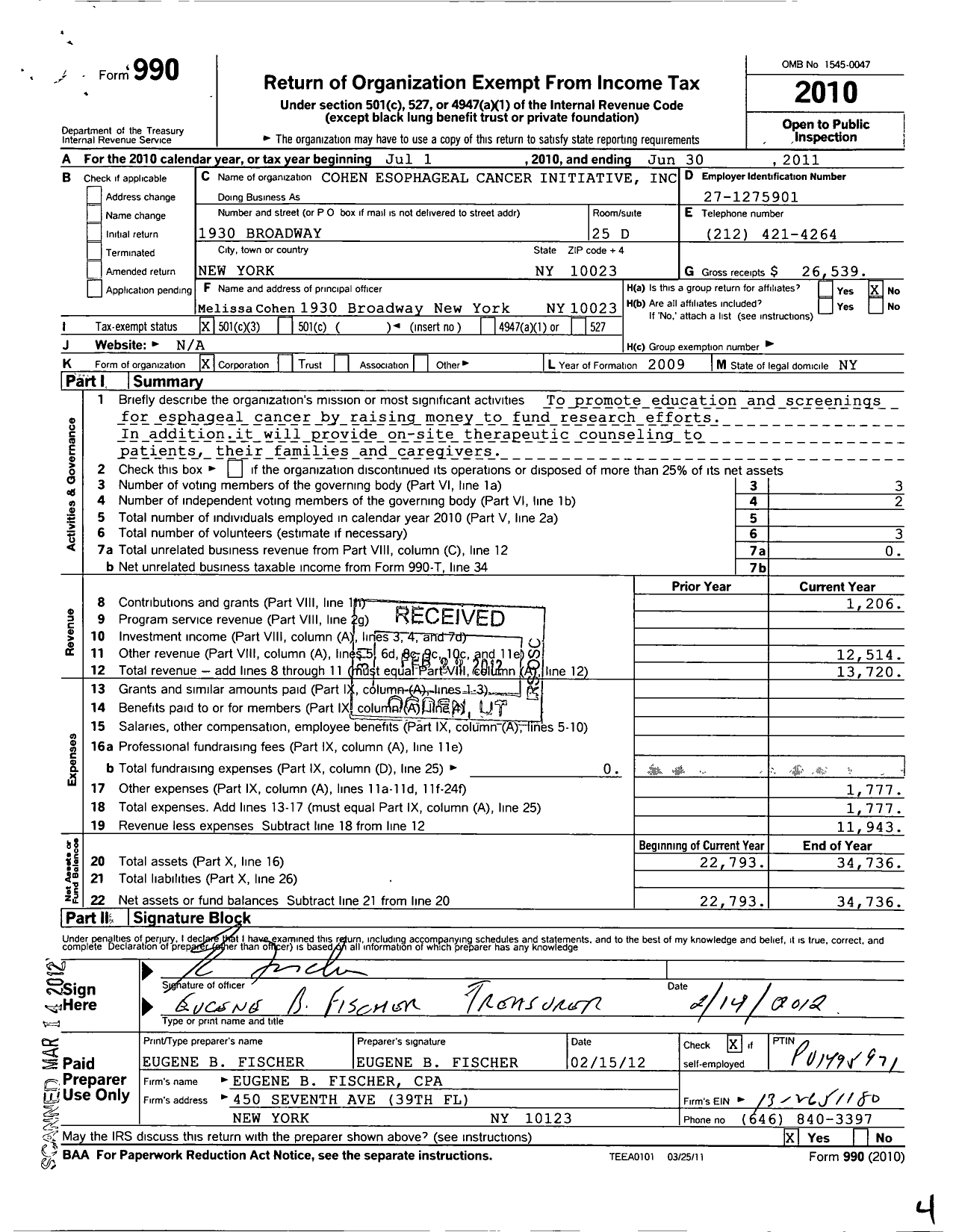 Image of first page of 2010 Form 990 for Cohen Esophageal Cancer Initiative