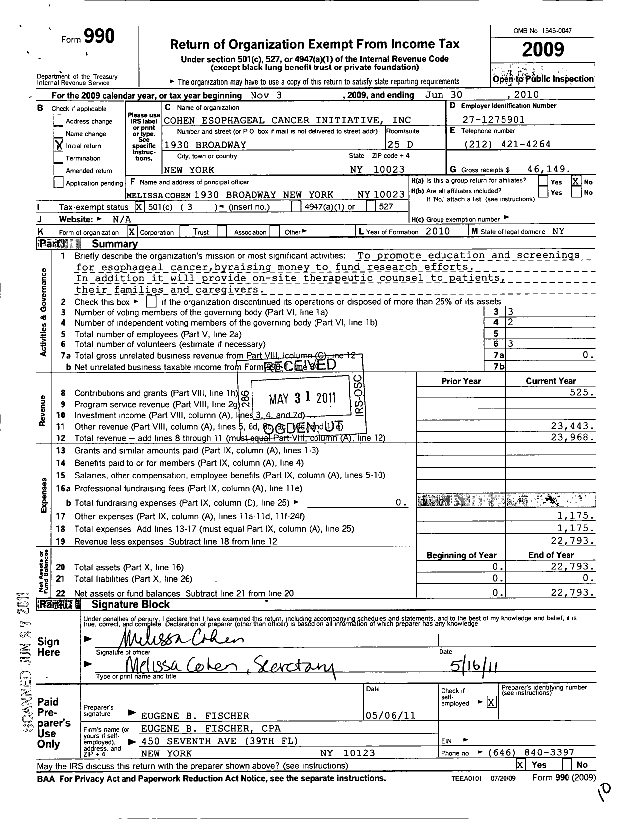 Image of first page of 2009 Form 990 for Cohen Esophageal Cancer Initiative