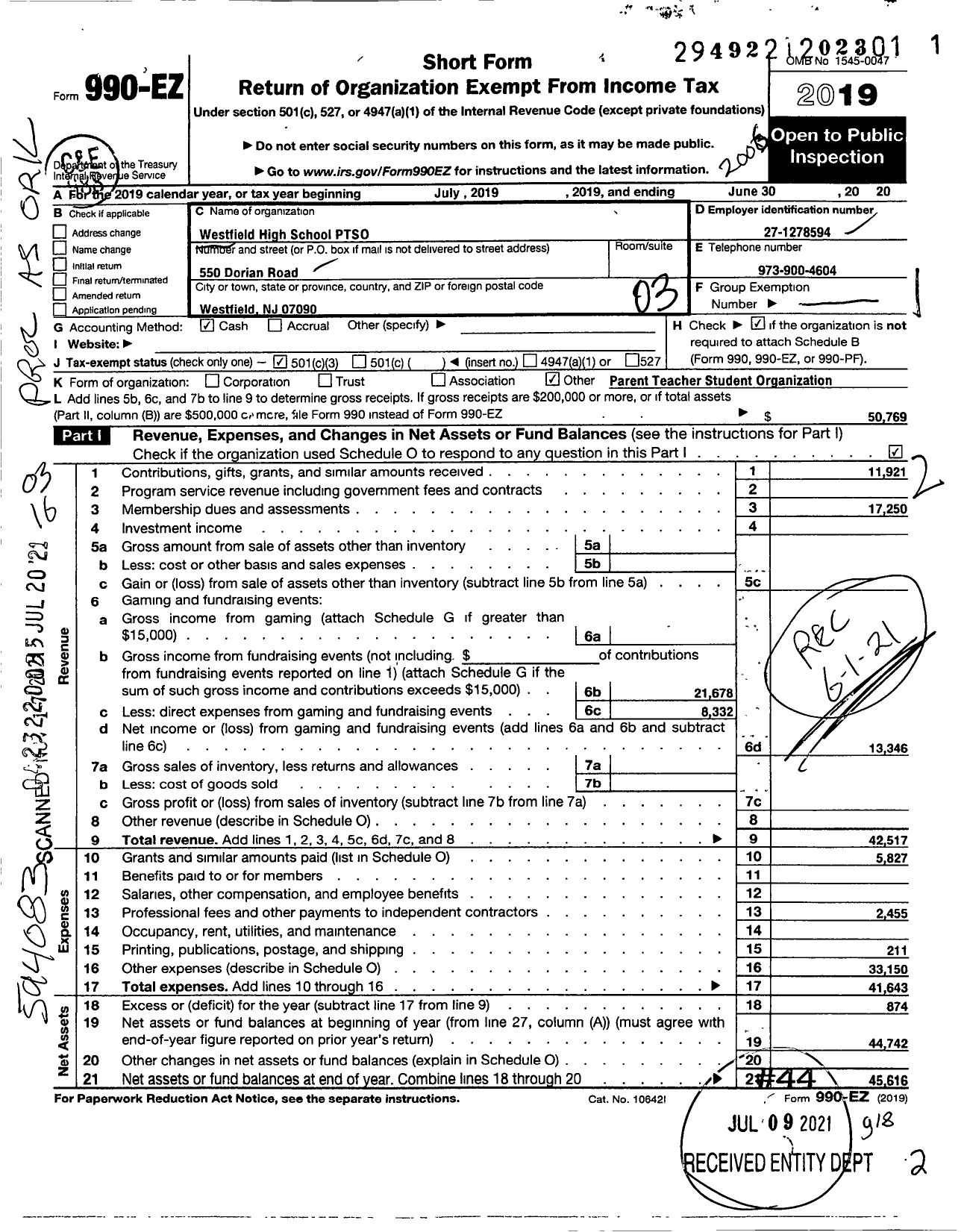 Image of first page of 2019 Form 990EZ for Westfield High School PTSO