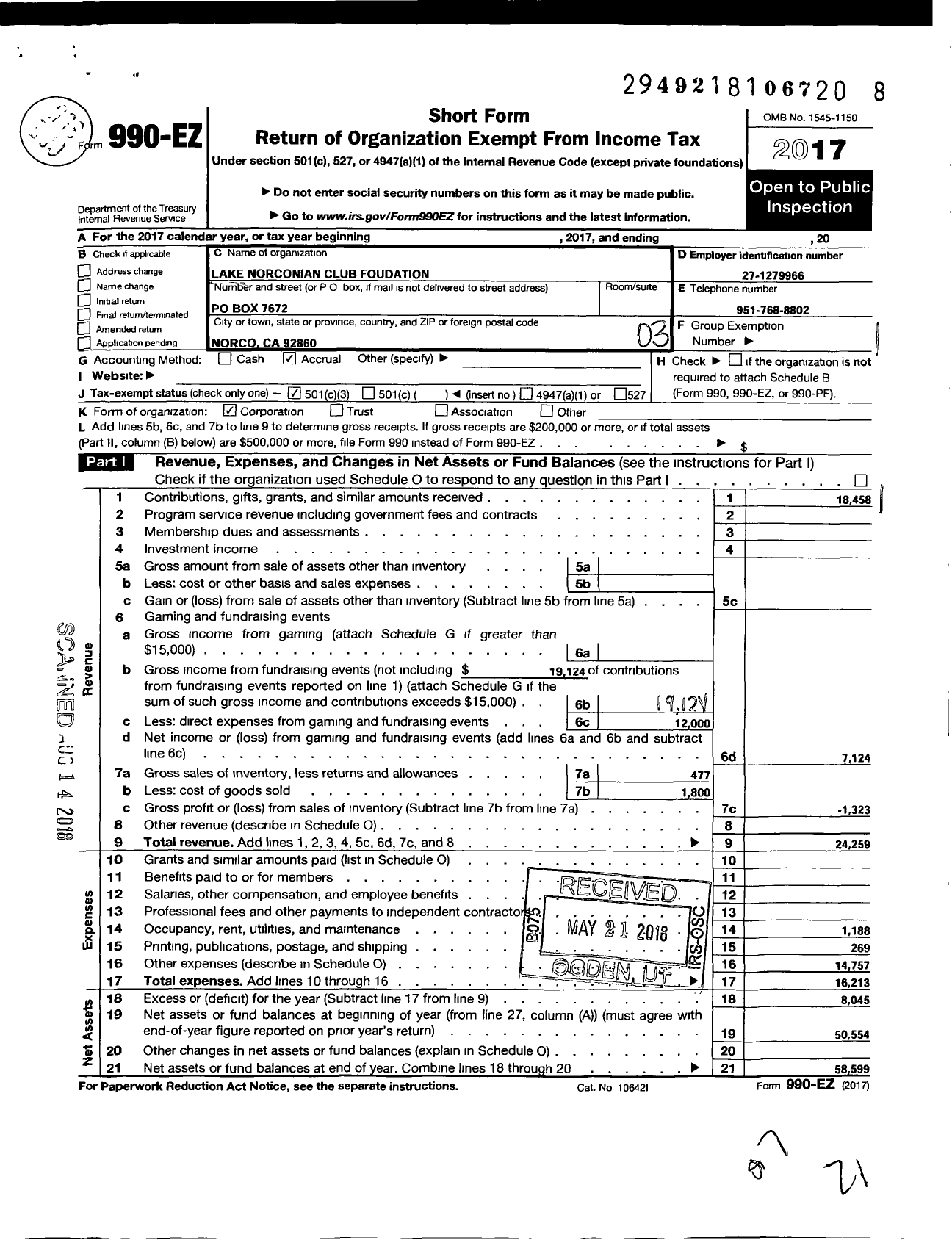 Image of first page of 2017 Form 990EZ for Lake Norconian Club Foundation