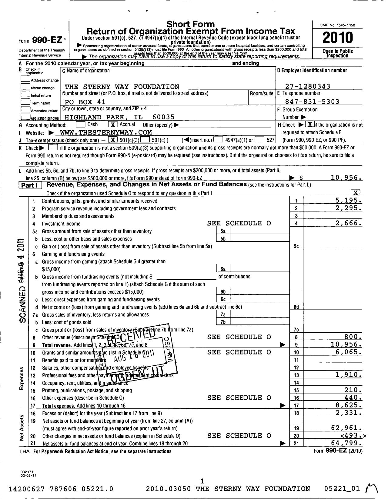 Image of first page of 2010 Form 990EZ for Sterny Way Foundation