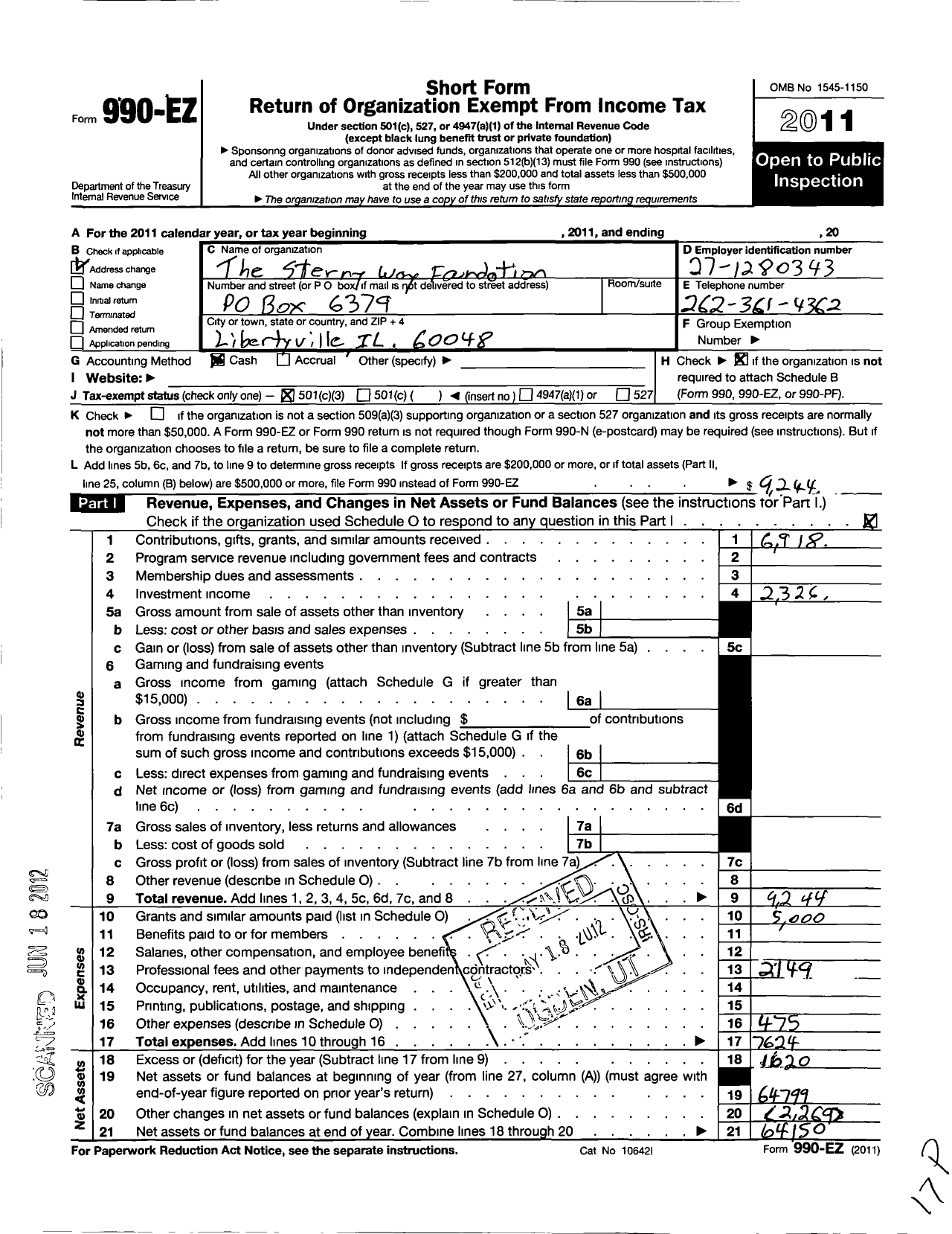 Image of first page of 2011 Form 990EZ for Sterny Way Foundation