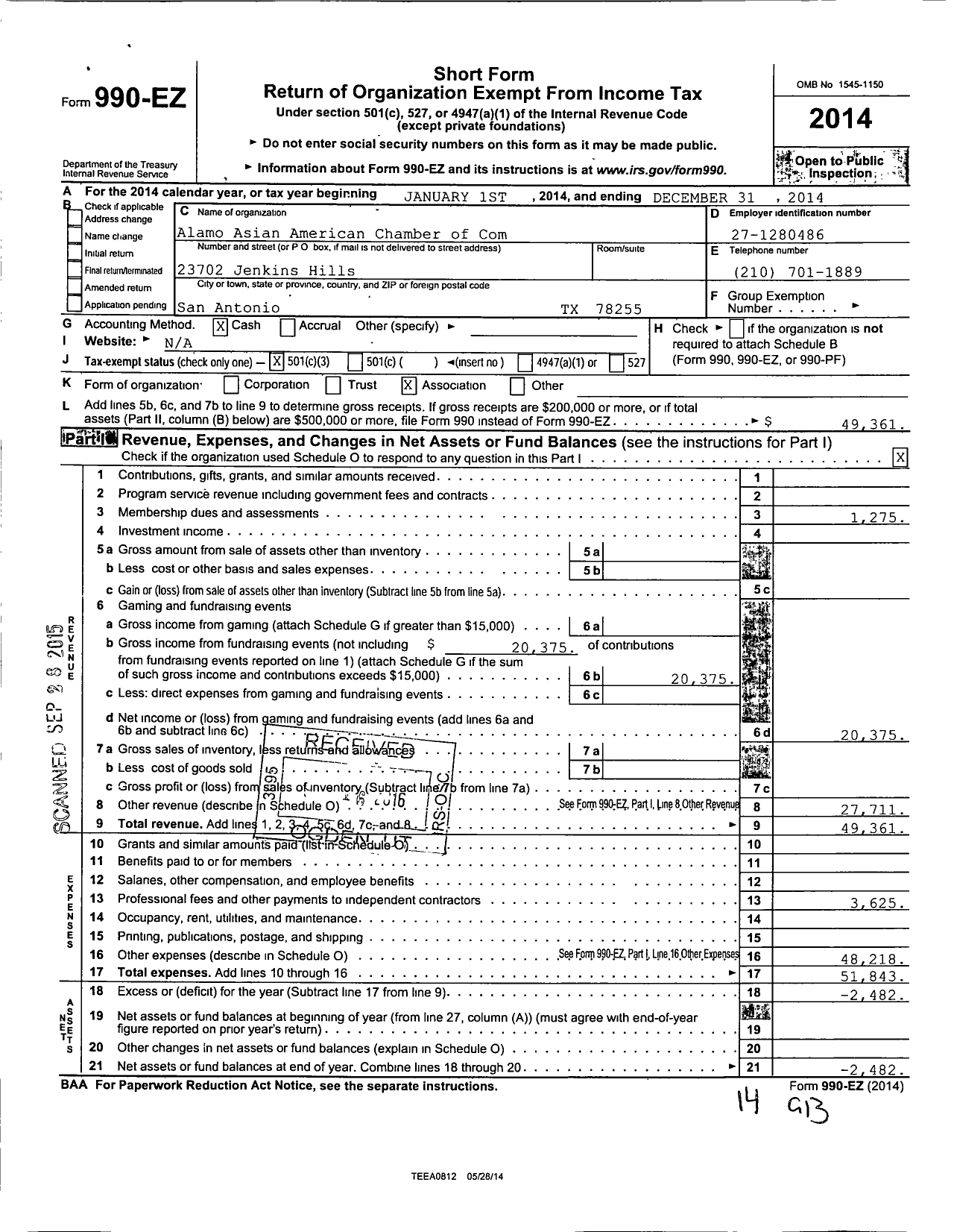 Image of first page of 2014 Form 990EZ for Alamo Asian American Chamber of Commerce Educational Foundation