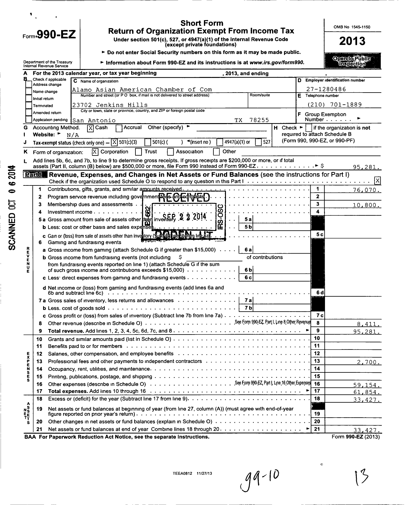 Image of first page of 2013 Form 990EZ for Alamo Asian American Chamber of Commerce Educational Foundation