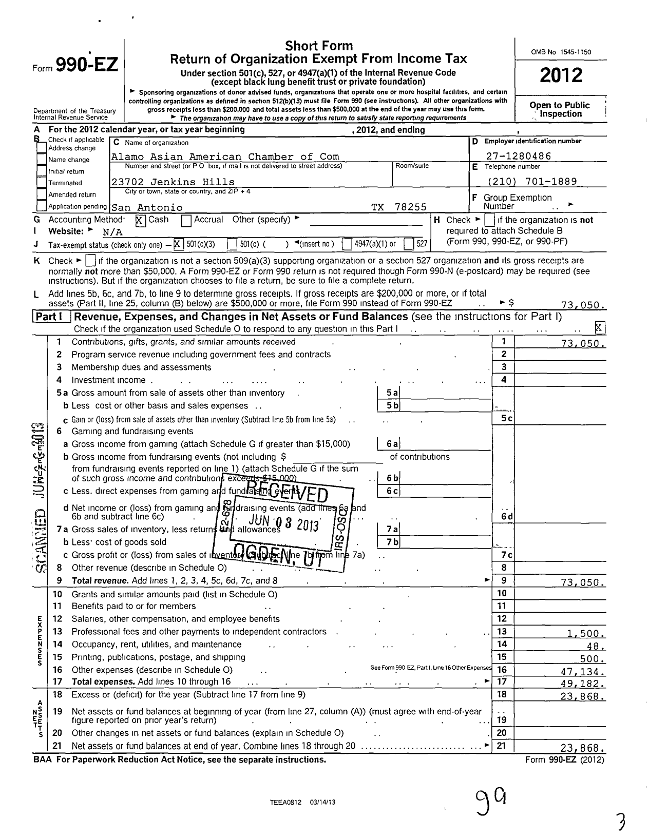 Image of first page of 2012 Form 990EZ for Alamo Asian American Chamber of Commerce Educational Foundation