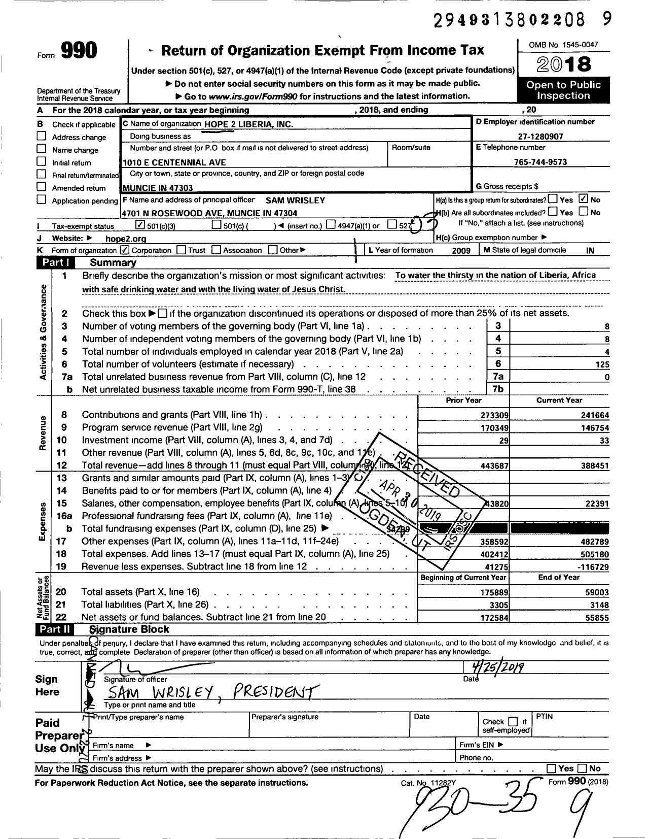 Image of first page of 2018 Form 990 for Hope 2 Liberia
