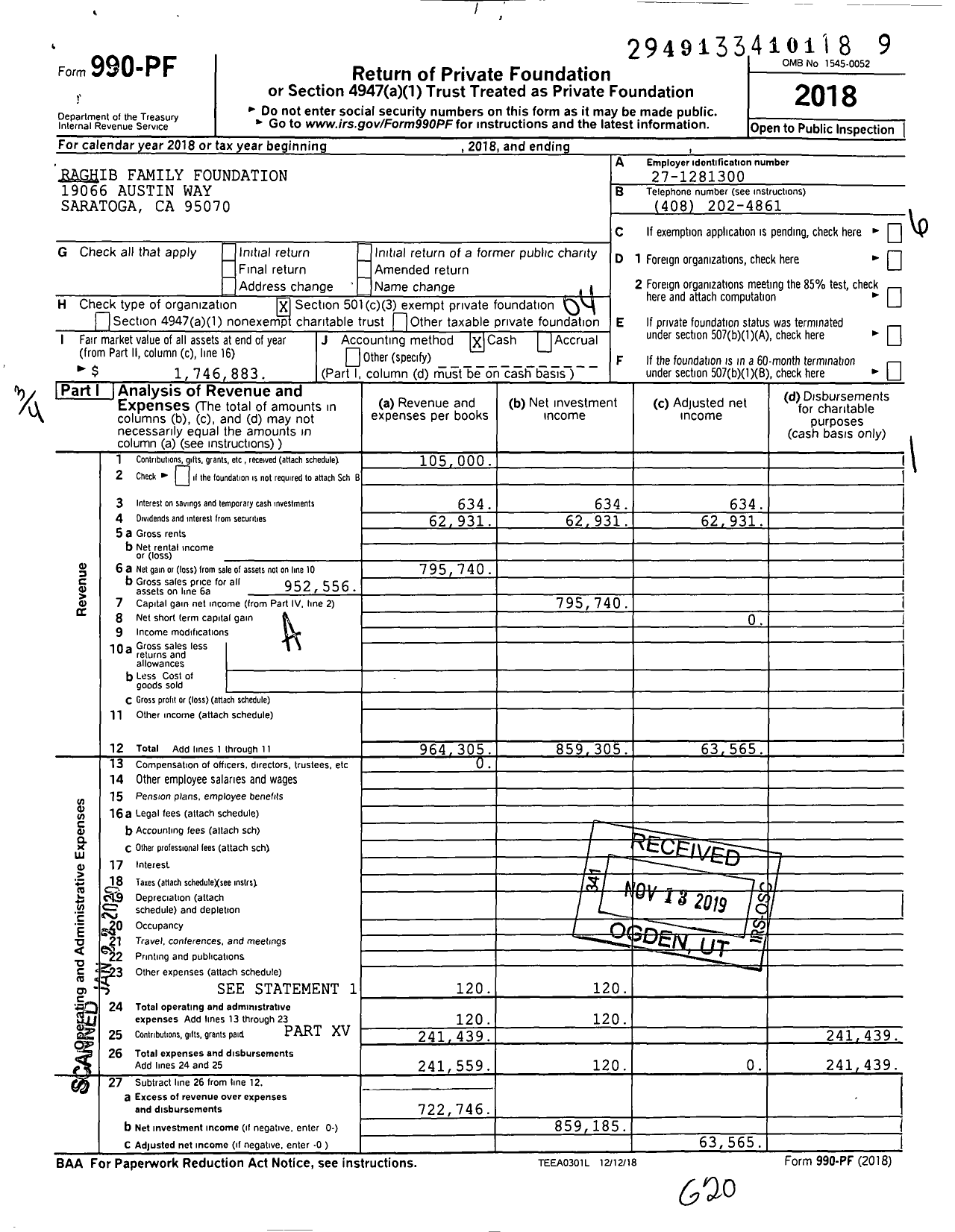 Image of first page of 2018 Form 990PF for Raghib Family Foundation