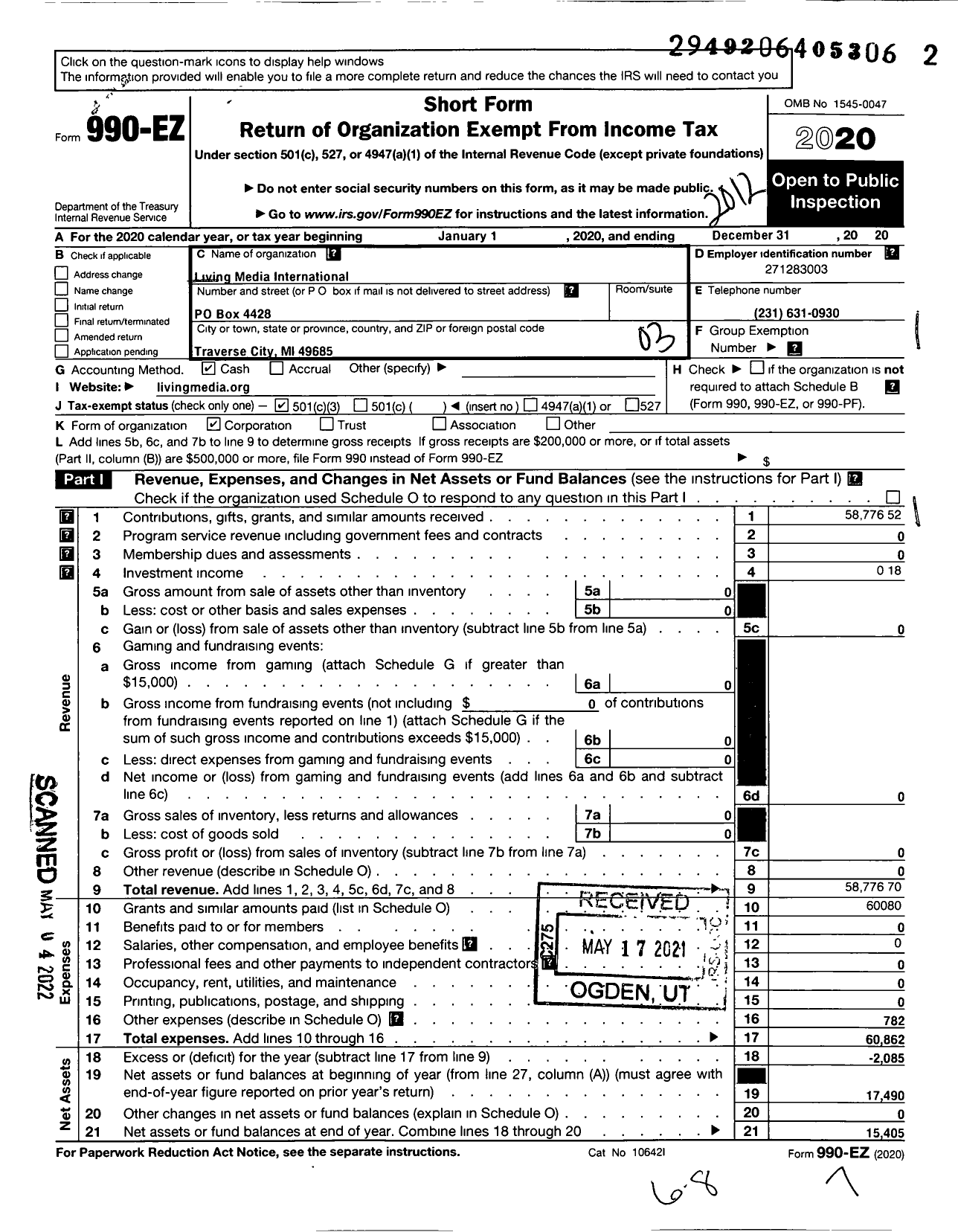 Image of first page of 2020 Form 990EZ for Living Media International