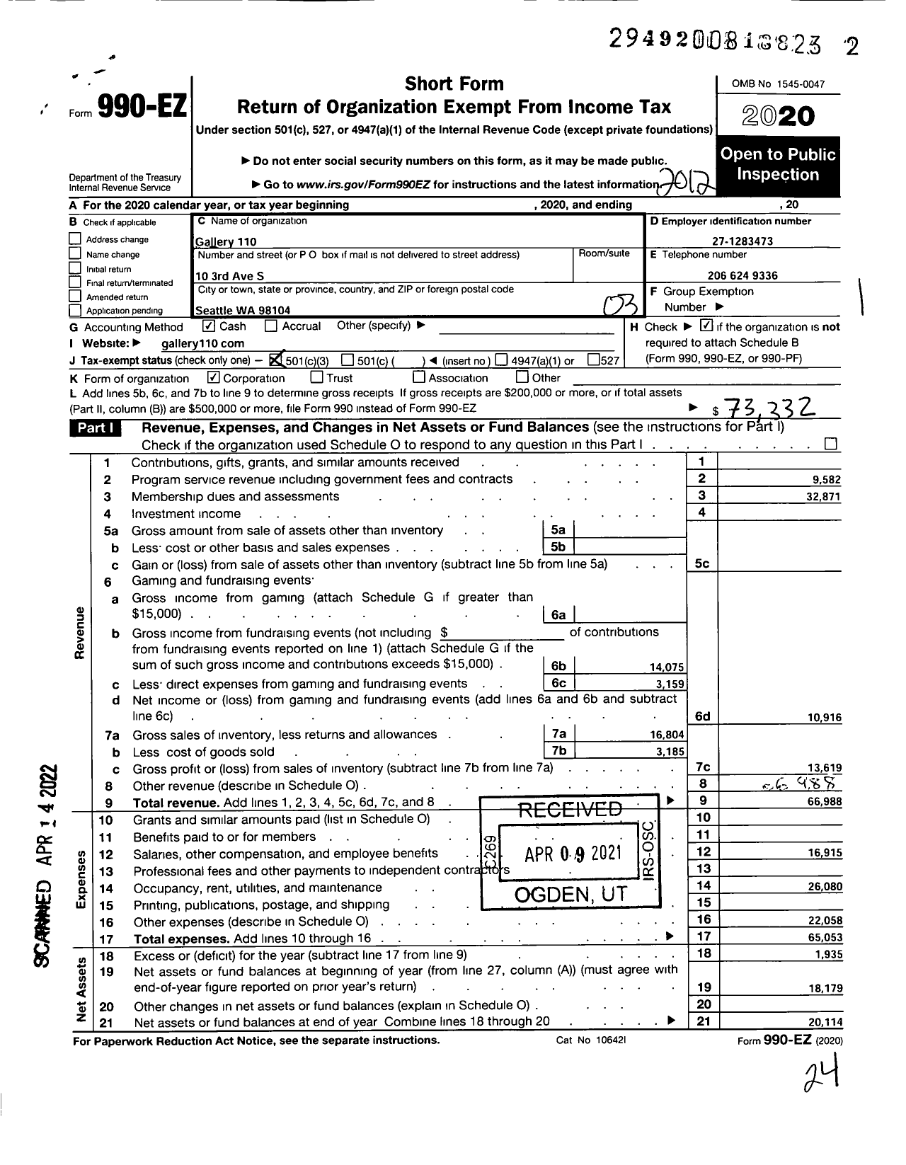 Image of first page of 2020 Form 990EZ for Gallery 110