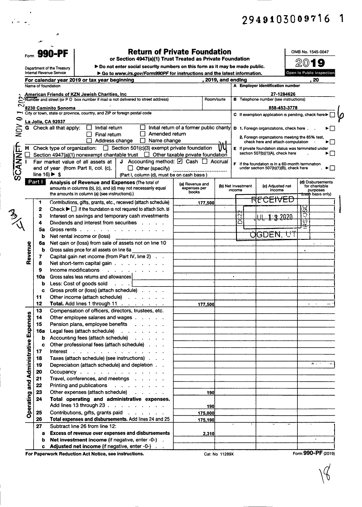 Image of first page of 2019 Form 990PF for American Friends of KZN Jewish Charities